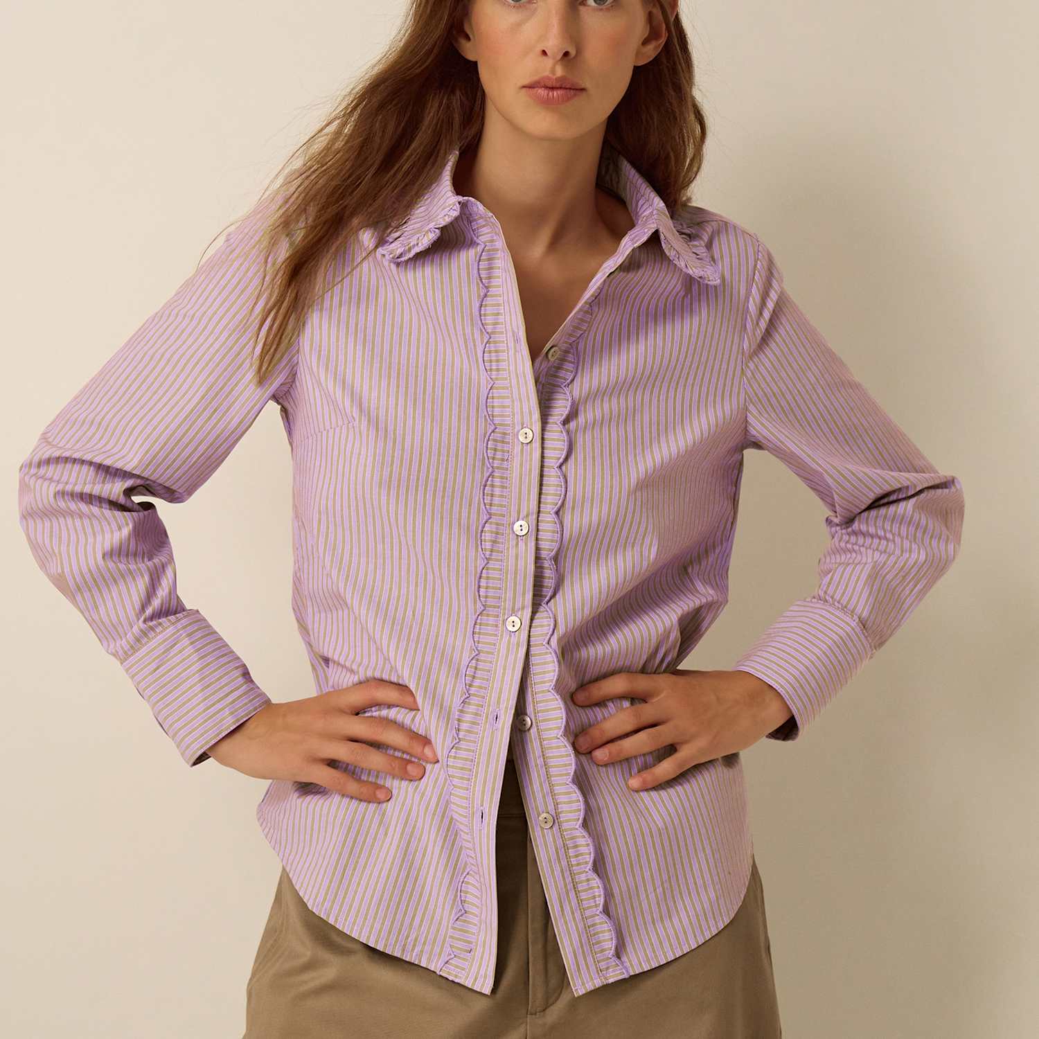 Monsoon Women's Pure Cotton Striped Frill Detail Shirt - Large - Purple Mix - Available at M&S