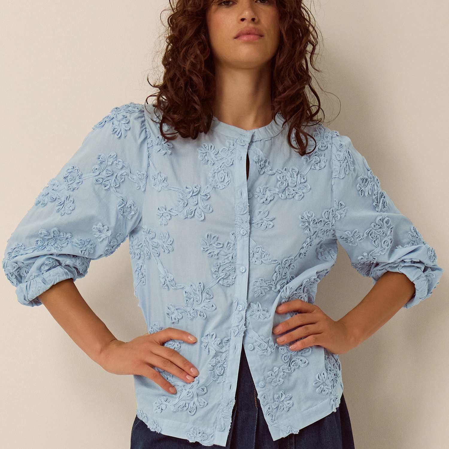 Monsoon Women's Pure Cotton Floral Embroidered Shirt - Small - Blue Mix - Available at M&S