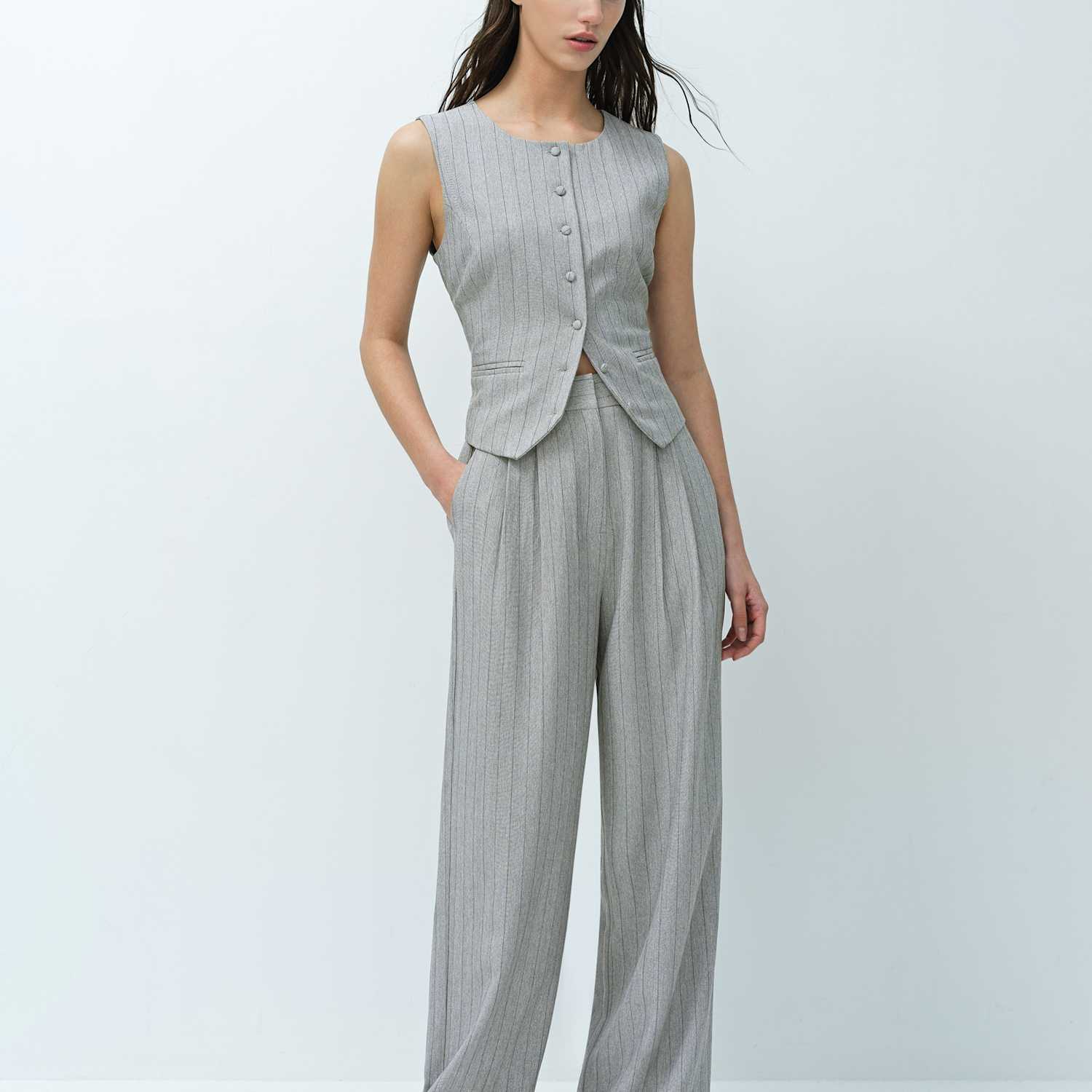 French Connection Women's Pinstripe Wide Leg Trousers - 14 - Grey Mix - Available at M&S