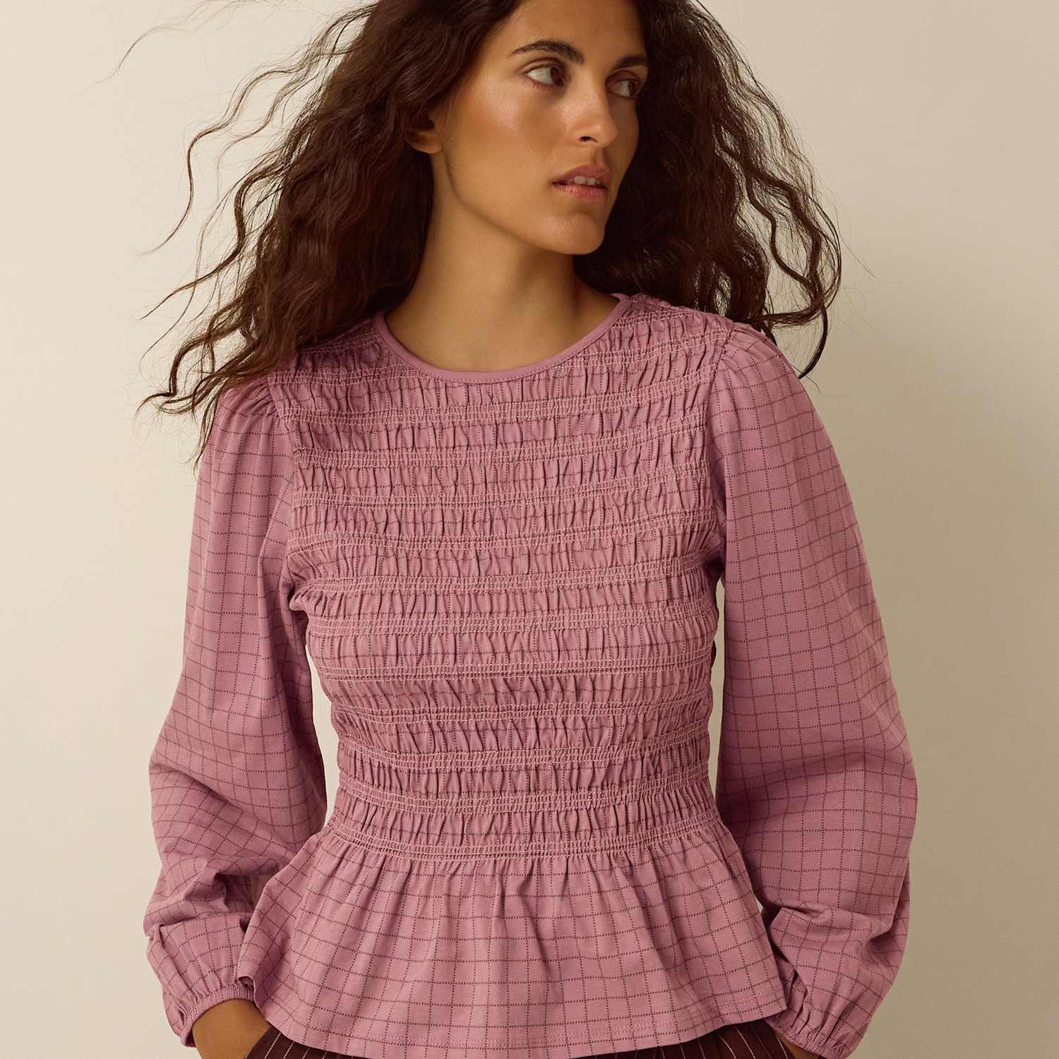 Monsoon Women's Pure Cotton Checked Shirred Peplum Blouse - Medium - Pink Mix - Available at M&S