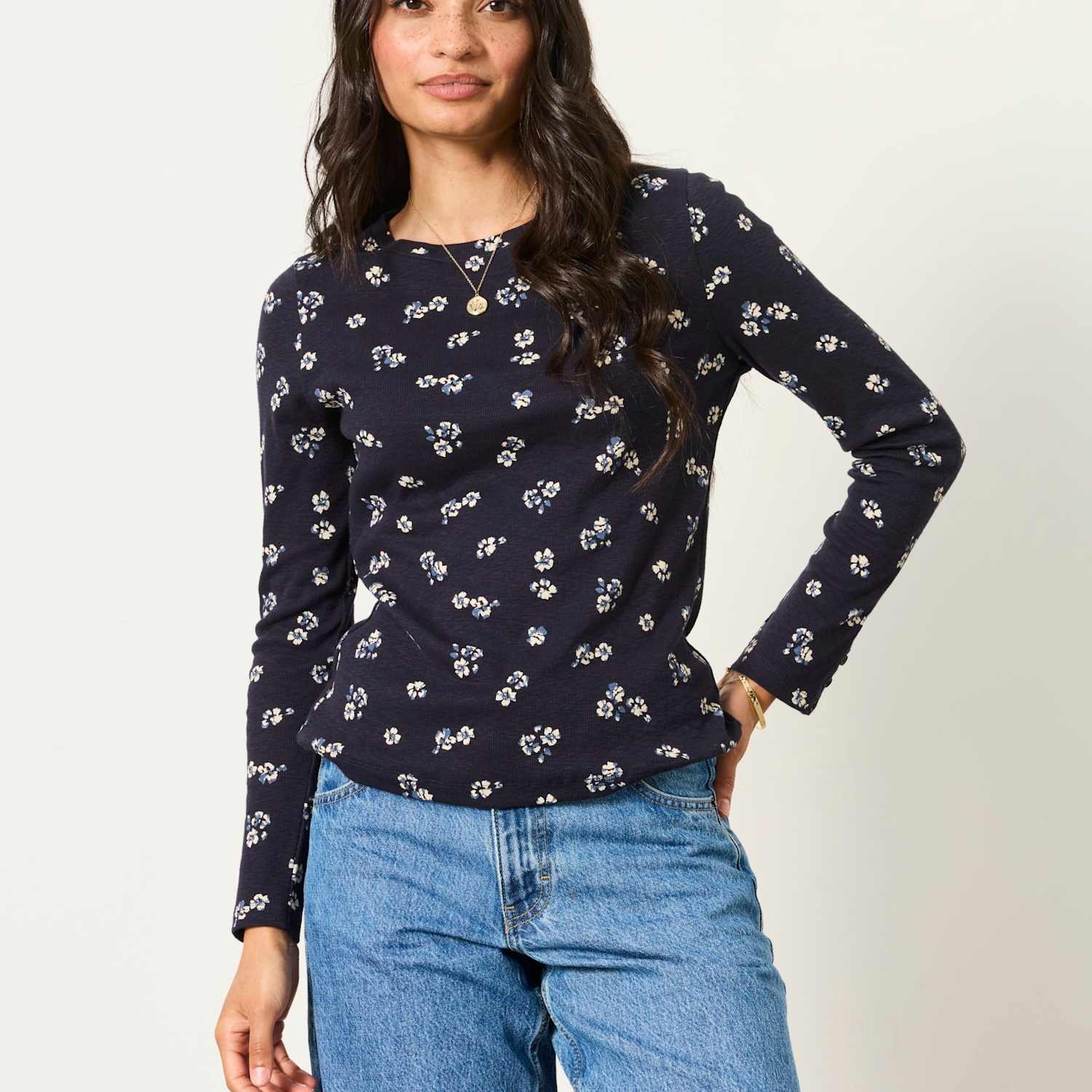 Fatface Women's Cotton Rich Ditsy Floral Top - 10 - Navy Mix - Available at M&S