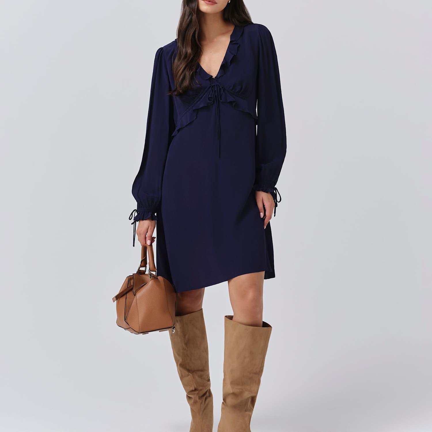 Ghost Women's Crepe V-Neck Frill Detail Mini Dress - 14 - Navy - Available at M&S