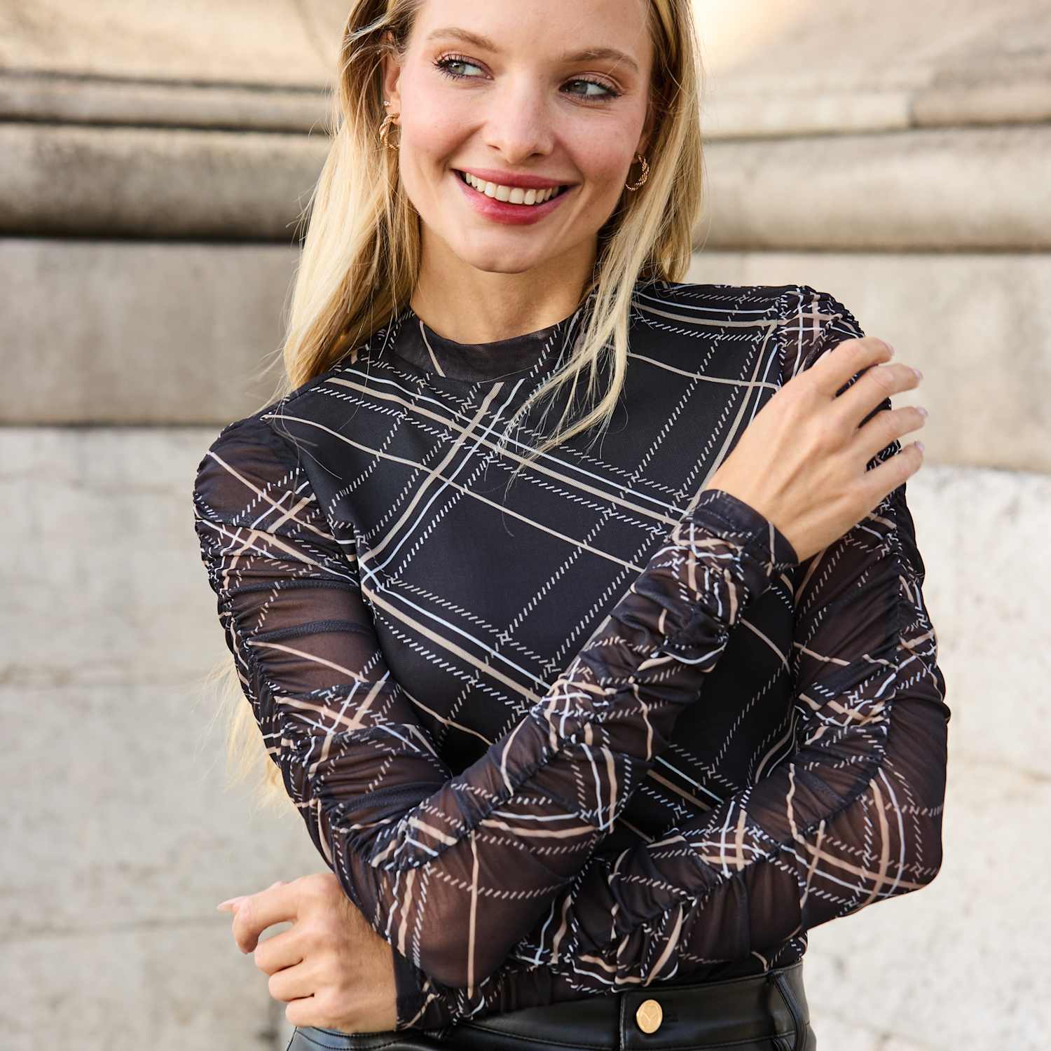 Sosandar Women's Checked Funnel Neck Top - 16 - Black Mix - Available at M&S