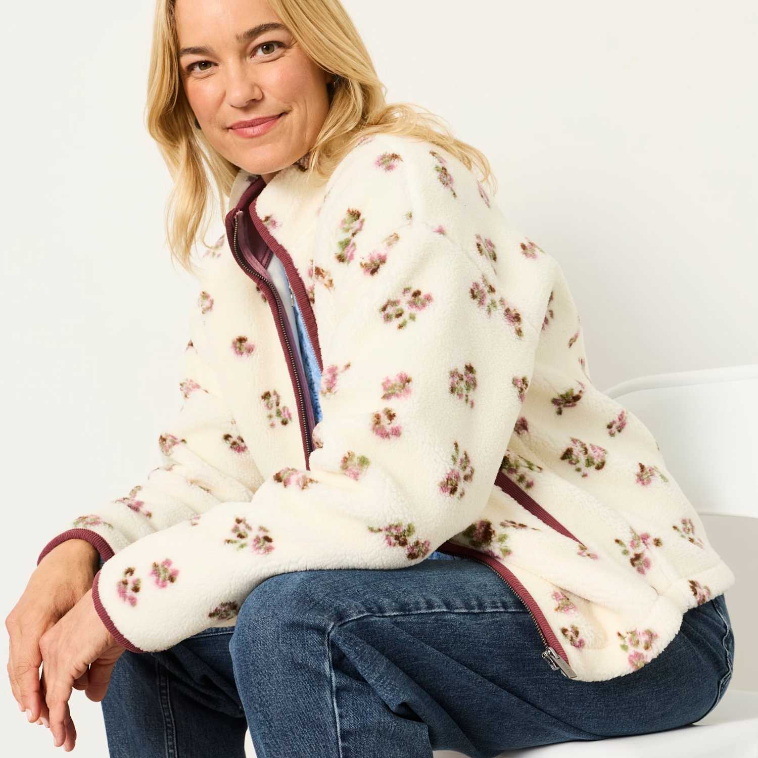 Fatface Women's Fleece Ditsy Floral Funnel Neck Jacket - Small - Ivory Mix - Available at M&S