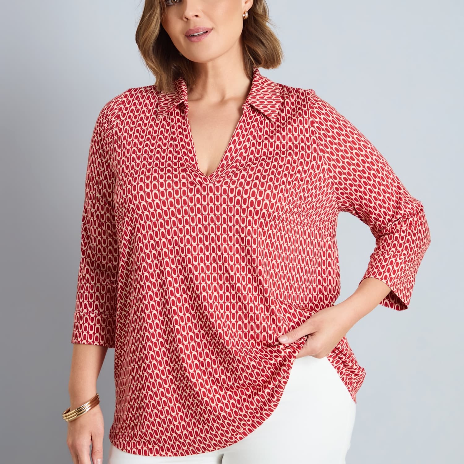 Live Unlimited London Women's Jersey Geometric V-Neck Top - 22 - Red Mix - Available at M&S
