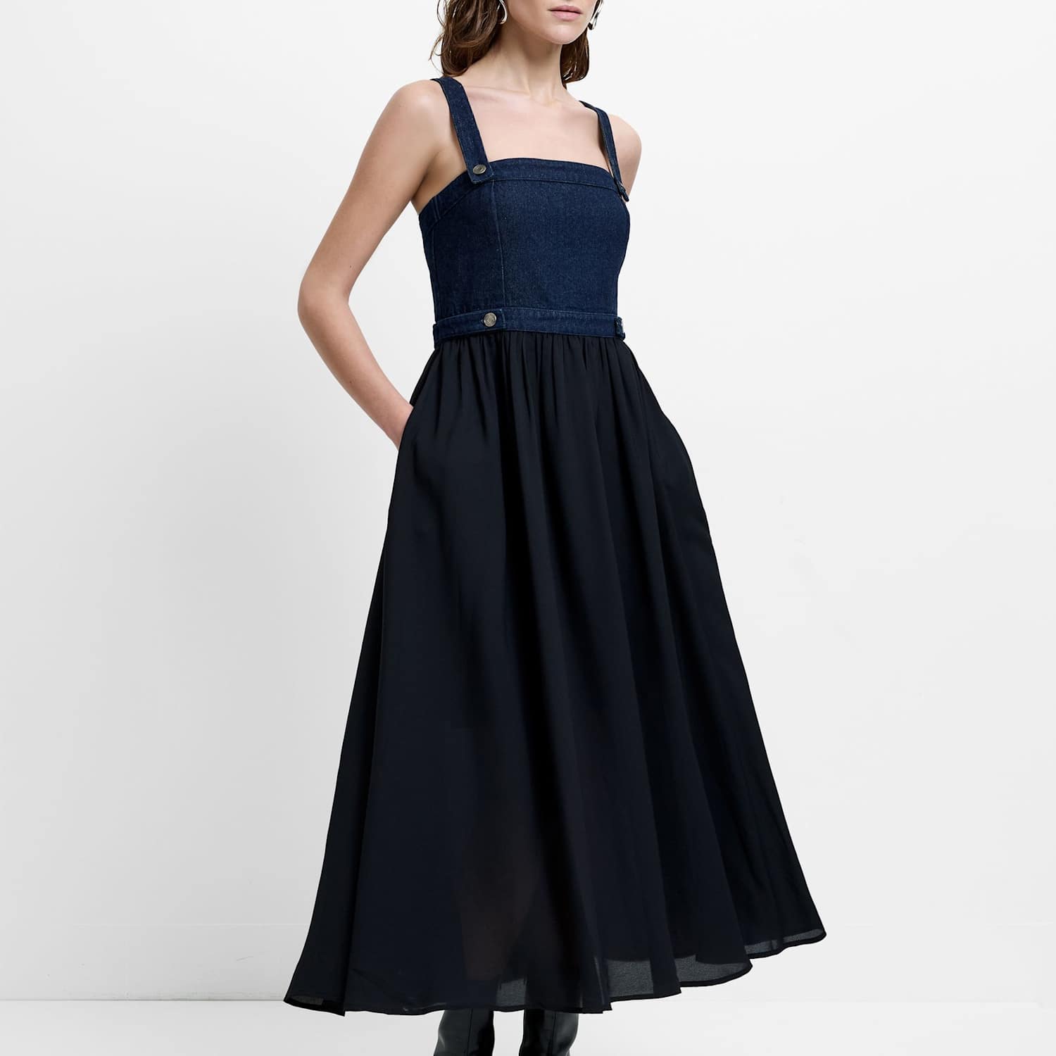 French Connection Women's Denim Square Neck Strappy Midi Skater Dress - 14 - Black - Available at M&S