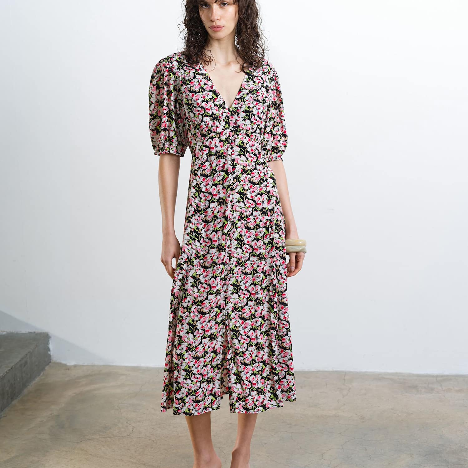 French Connection Women's Floral V-Neck Puff Sleeve Midi Tea Dress - 10 - Multi - Available at M&S
