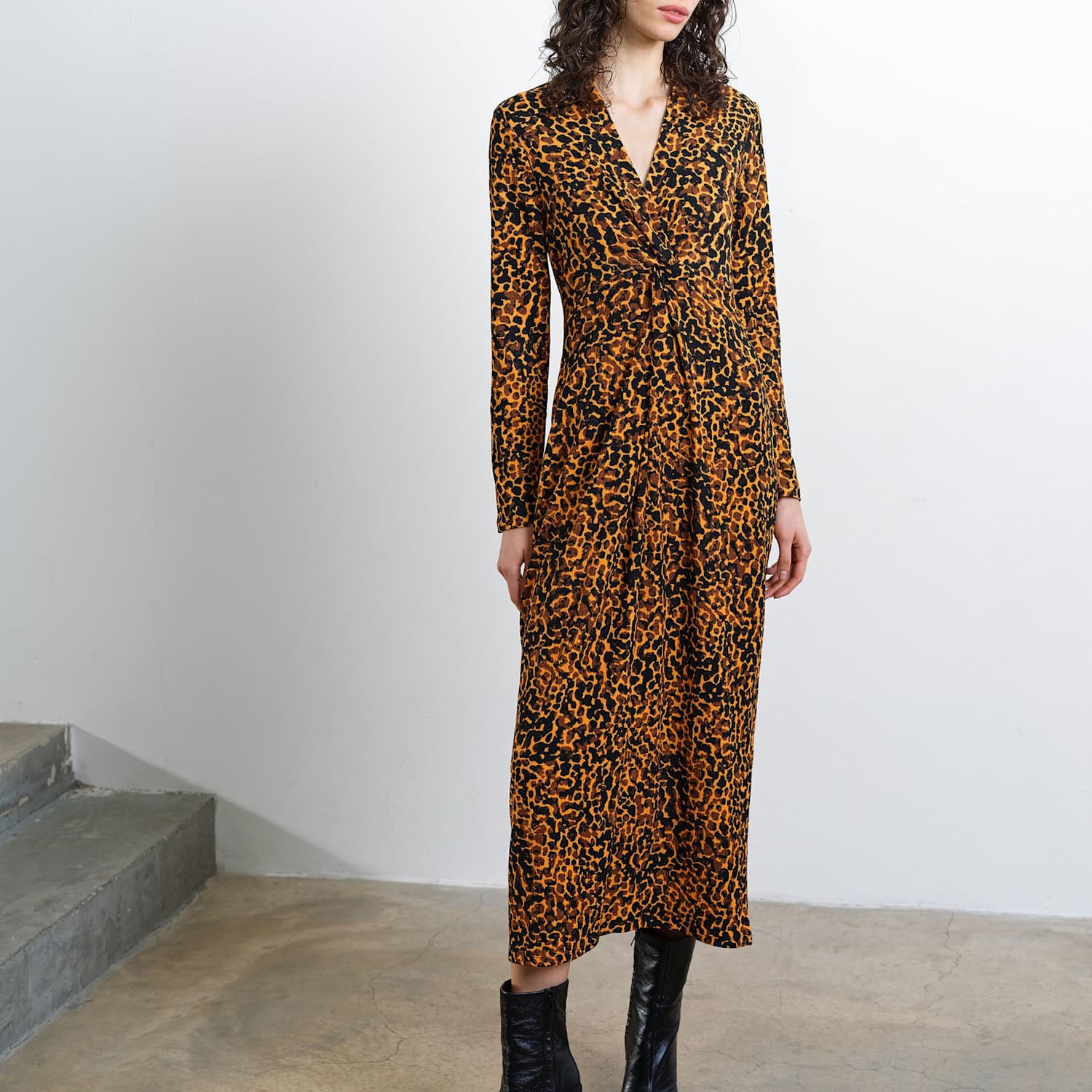 French Connection Women's Animal Print Textured Collared Midi Column Dress - Small - Orange Mix - Available at M&S