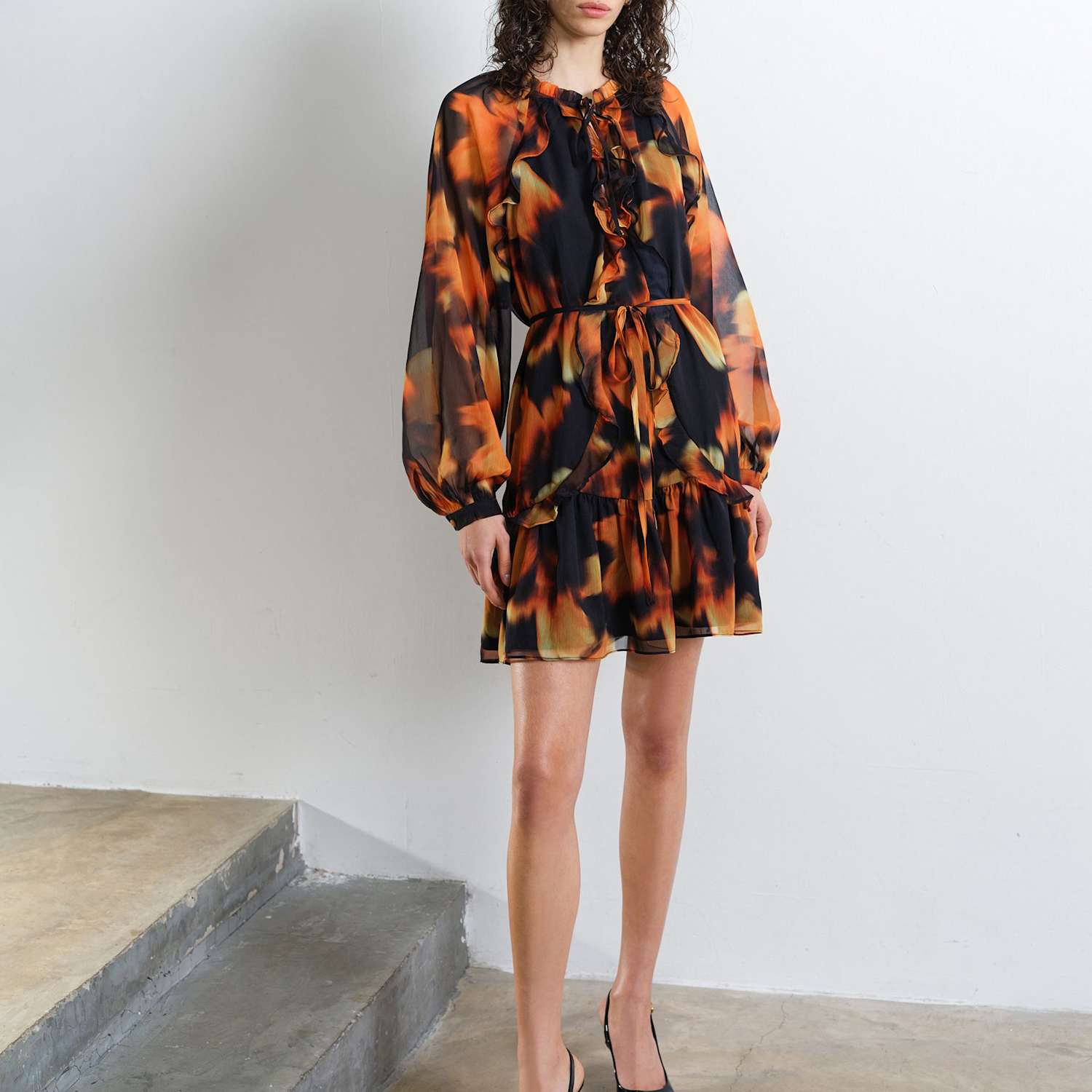 French Connection Women's Chiffon Printed Tie Neck Midi Tiered Dress - Small - Orange Mix - Available at M&S