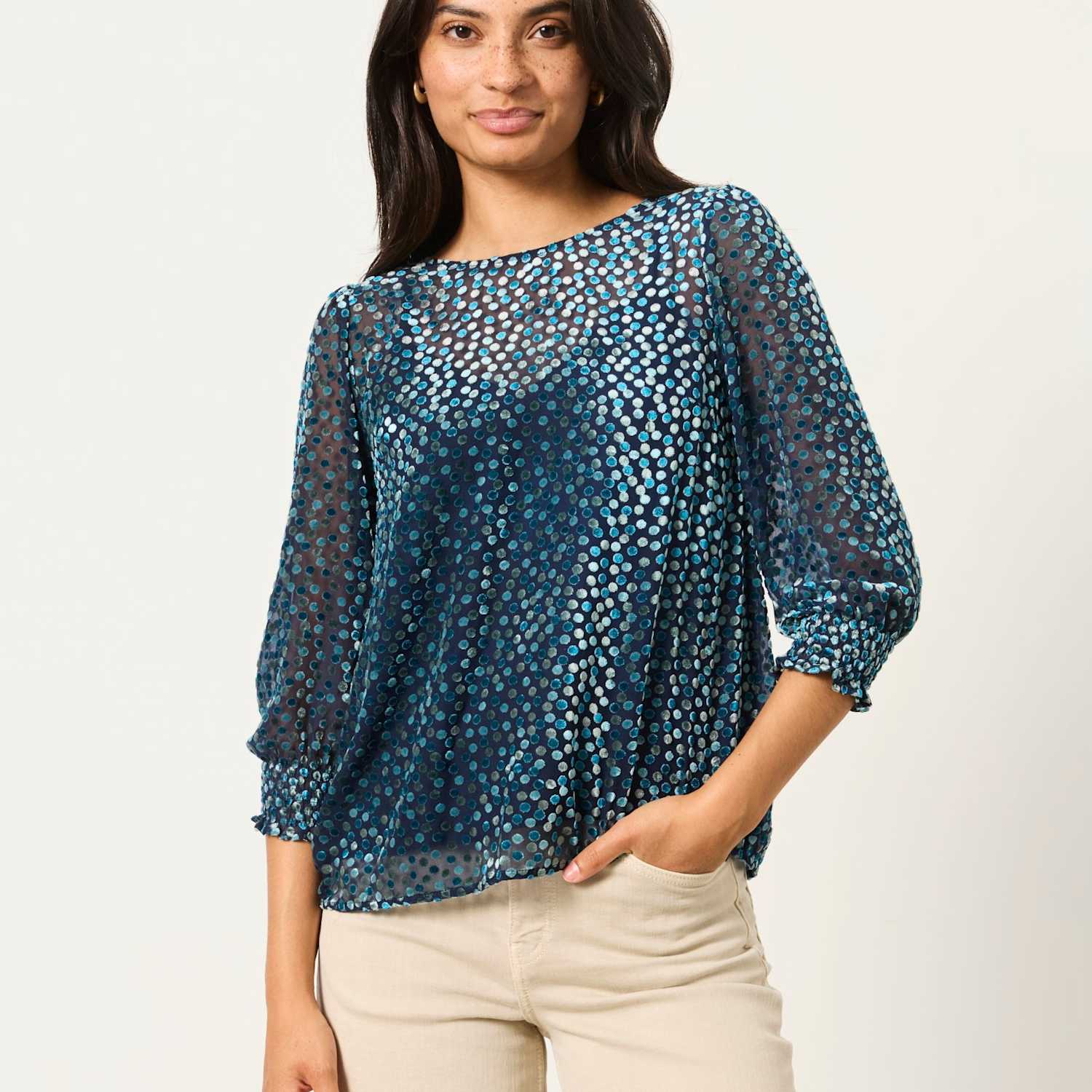 Fatface Women's Devoré Round Neck Blouson Sleeve Blouse - 14 - Navy Mix - Available at M&S