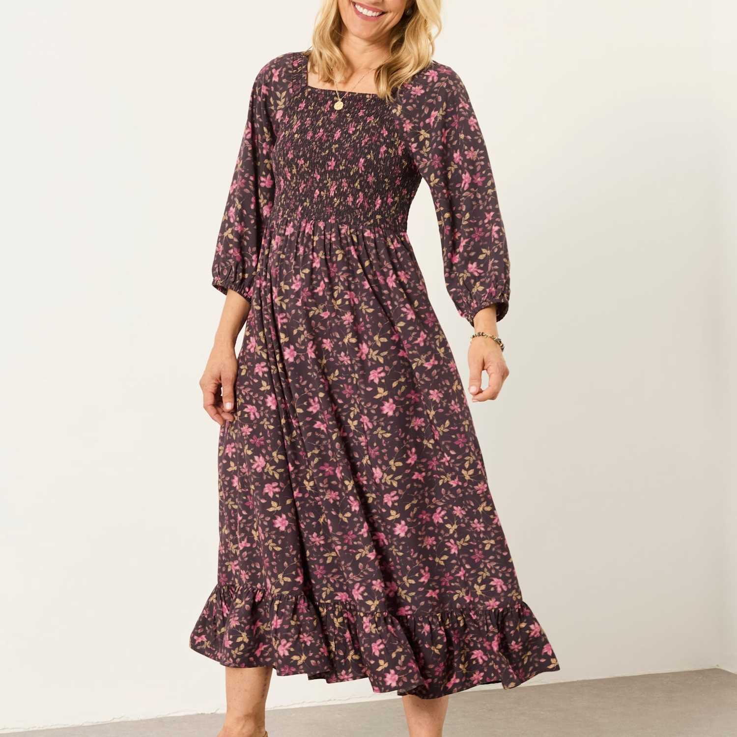 Fatface Women's Floral Square Neck Midi Tea Dress - 8 - Brown Mix - Available at M&S
