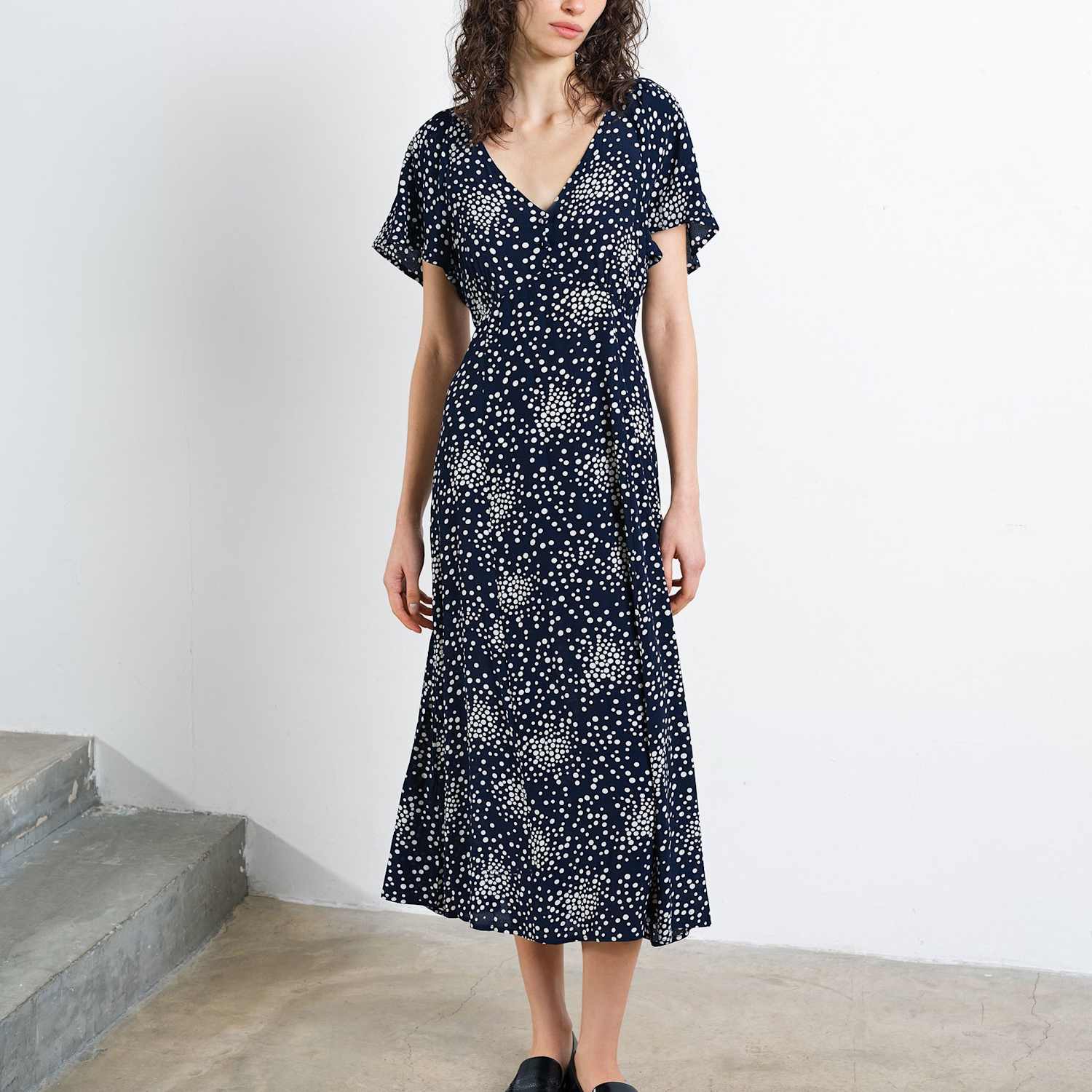French Connection Women's Polka Dot V-Neck Midi Tea Dress - 8 - Blue Mix - Available at M&S