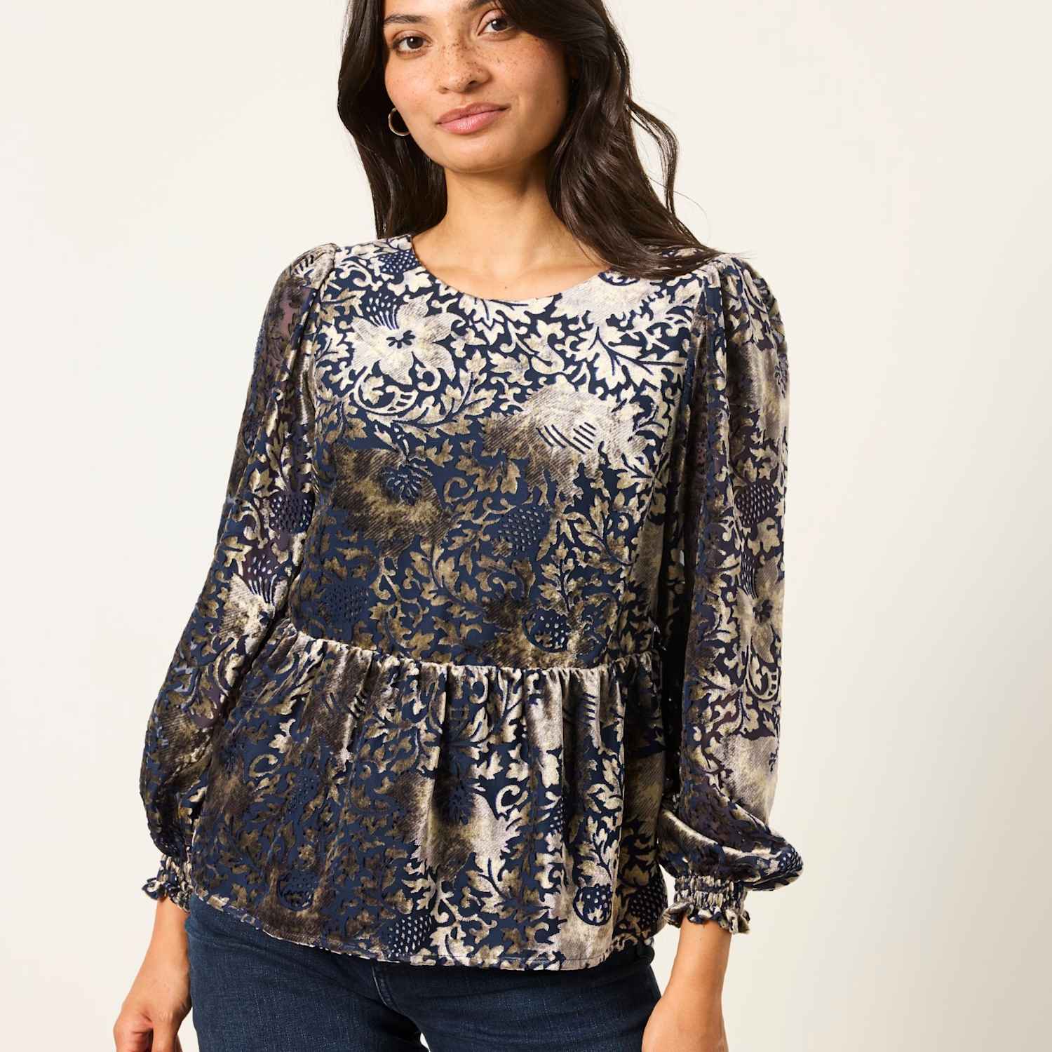 Fatface Women's Devoré Waisted Blouson Sleeve Blouse - 10 - Black Mix - Available at M&S