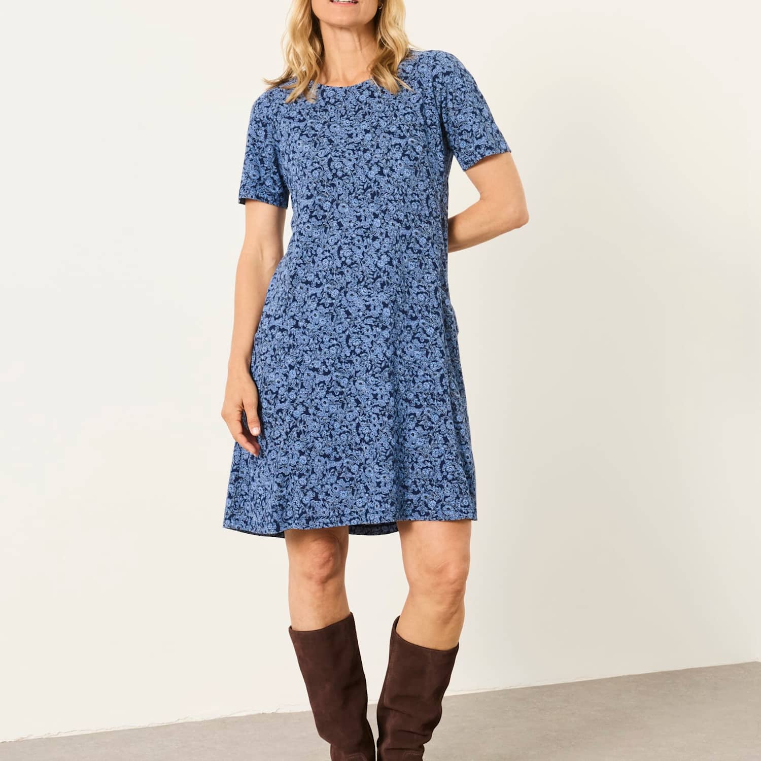 Fatface Women's Jersey Two-Tone Floral Mini Shift Dress - 16 - Blue Mix - Available at M&S