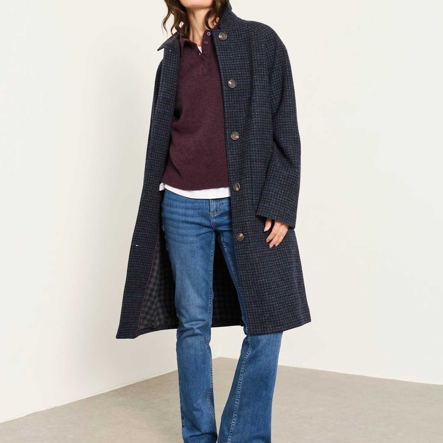 Fatface Women's Pure Wool Checked Longline Coat - 14 - Navy Mix - Available at M&S