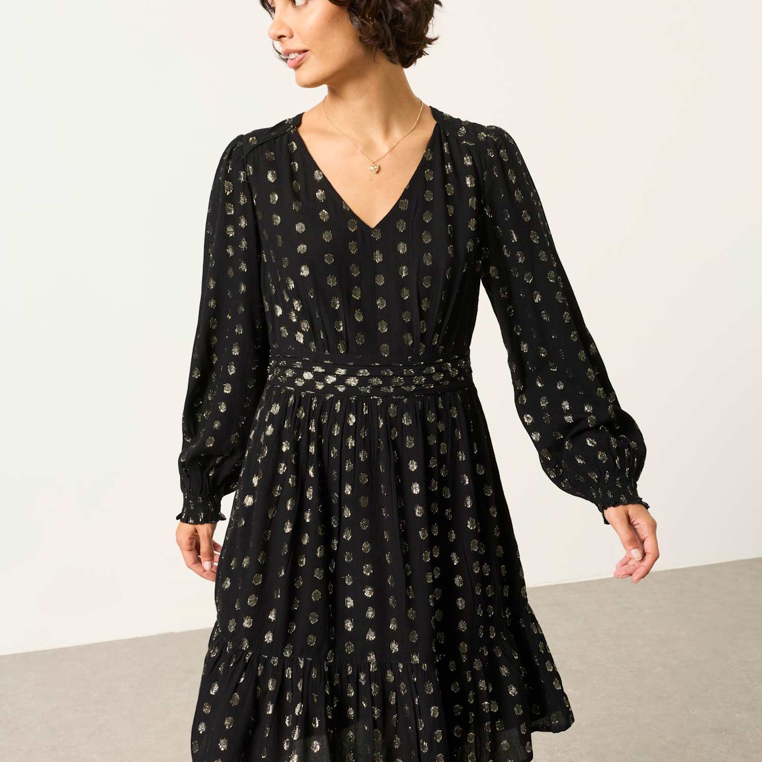 Fatface Women's Metallic V Neck Mini Smock Dress - 12 - Black Mix - Available at M&S