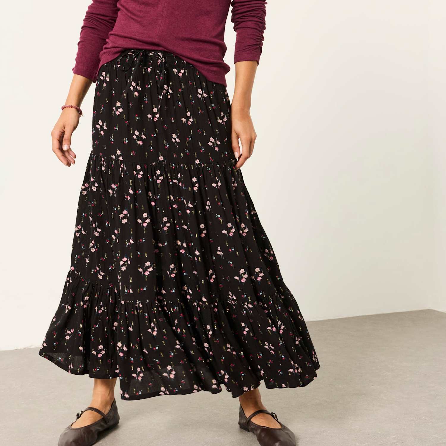 Fatface Women's Pleated Maxi Tiered Skirt - 12 - Black Mix - Available at M&S