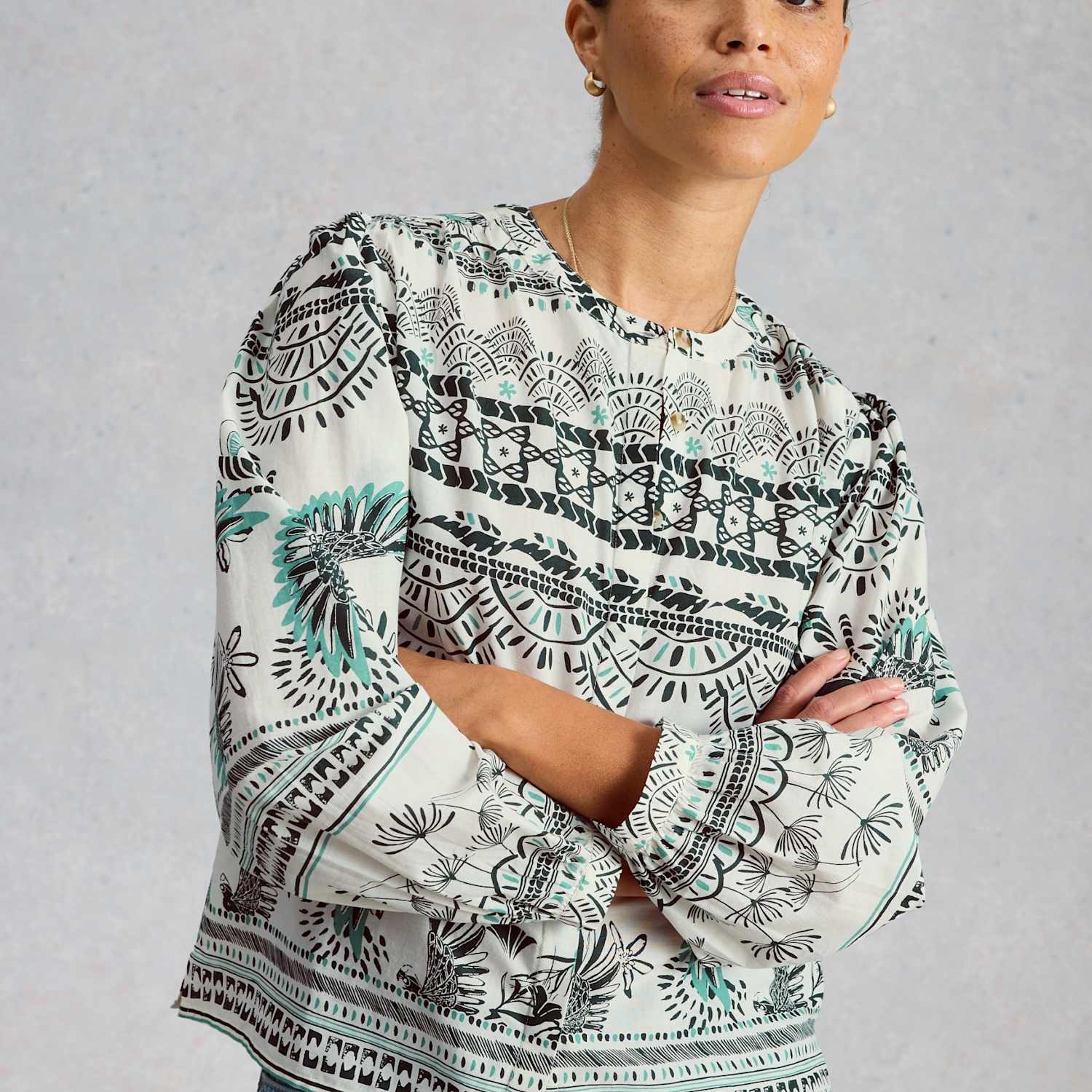 White Stuff Women's Pure Cotton Printed Puff Sleeve Blouse - 14 - White Mix - Available at M&S