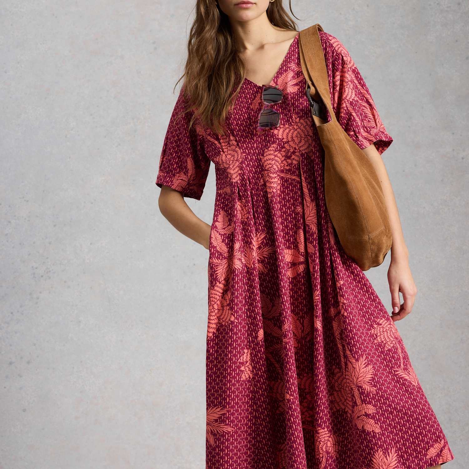 White Stuff Women's Linen Rich Printed V-Neck Midi Tea Dress - 10 - Pink Mix - Available at M&S