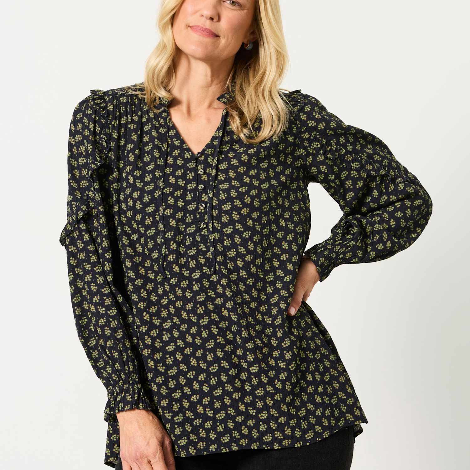 Fatface Women's Ditsy Floral Tie Neck Frill Detail Blouse - 24 - Navy Mix - Available at M&S