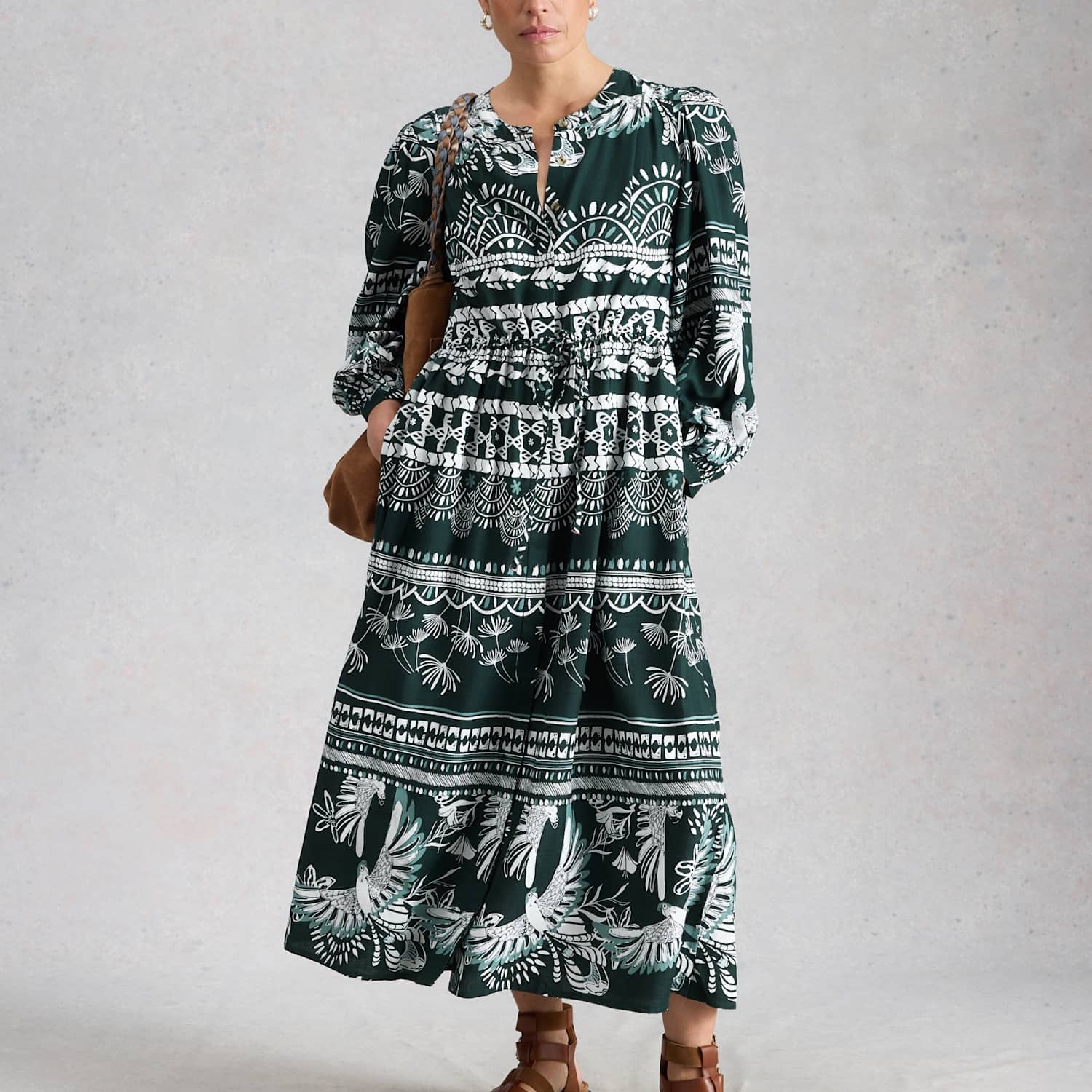 White Stuff Women's Lana Printed Tie Waist Midi Tea Dress - 16 - Green Mix - Available at M&S
