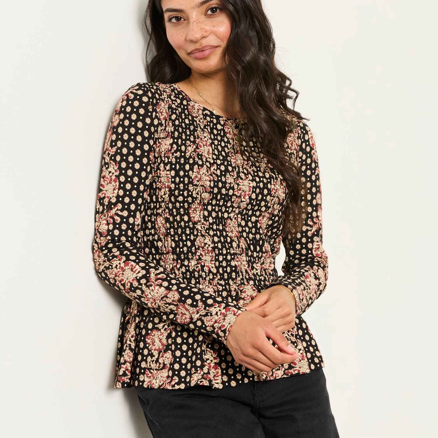 Fatface Women's Cotton Rich Floral Shirred Peplum Top - 18 - Black Mix - Available at M&S