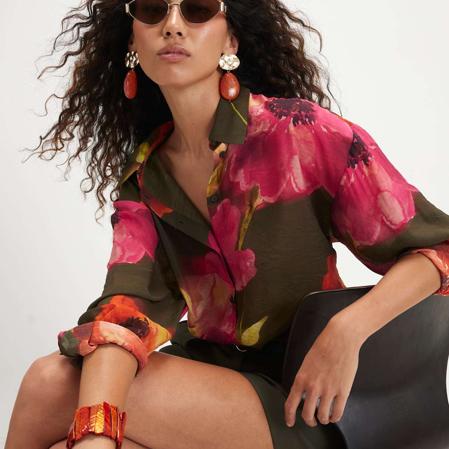 River Island Women's Floral Relaxed Blouse - 6 - Khaki Mix - Available at M&S