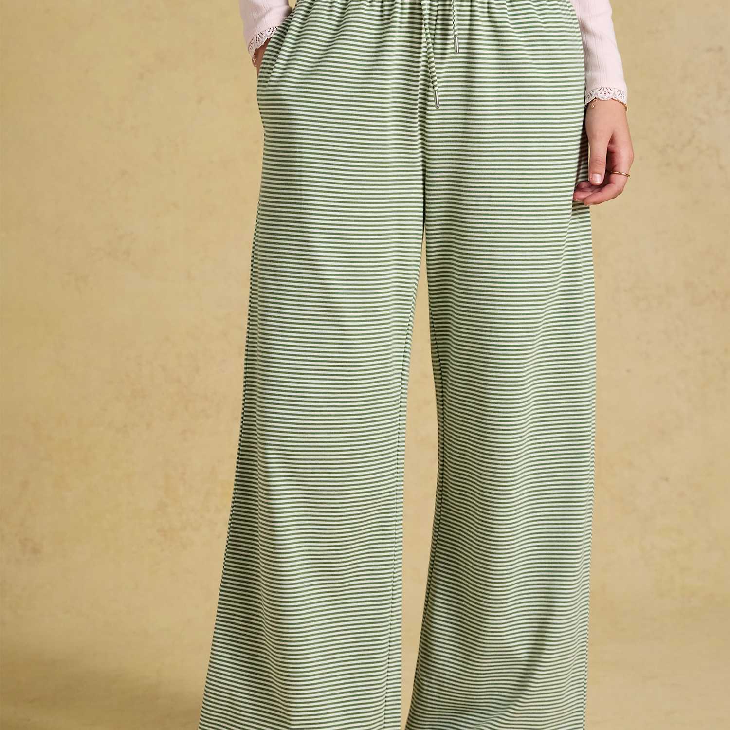 Joules Women's Pure Cotton Striped Pull On Wide Leg Joggers - 12 - Green Mix - Available at M&S