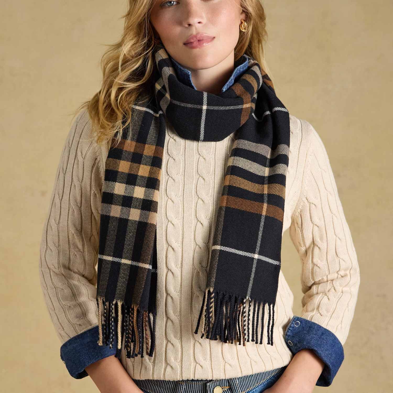Joules Women's Woven Checked Tassel Scarf - Black Mix - Available at M&S