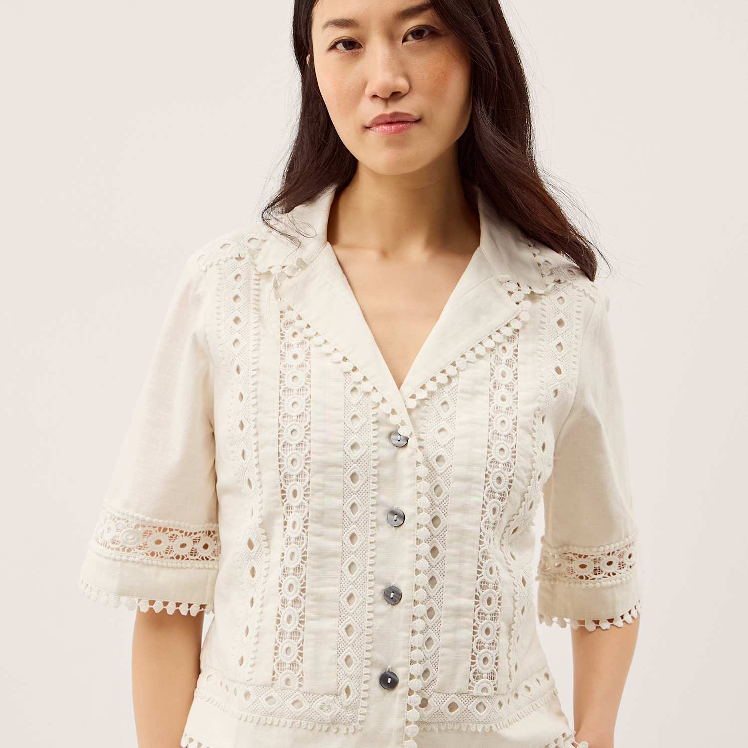 Monsoon Women's Pure Cotton Lace Trim Shirt - Small - White - Available at M&S