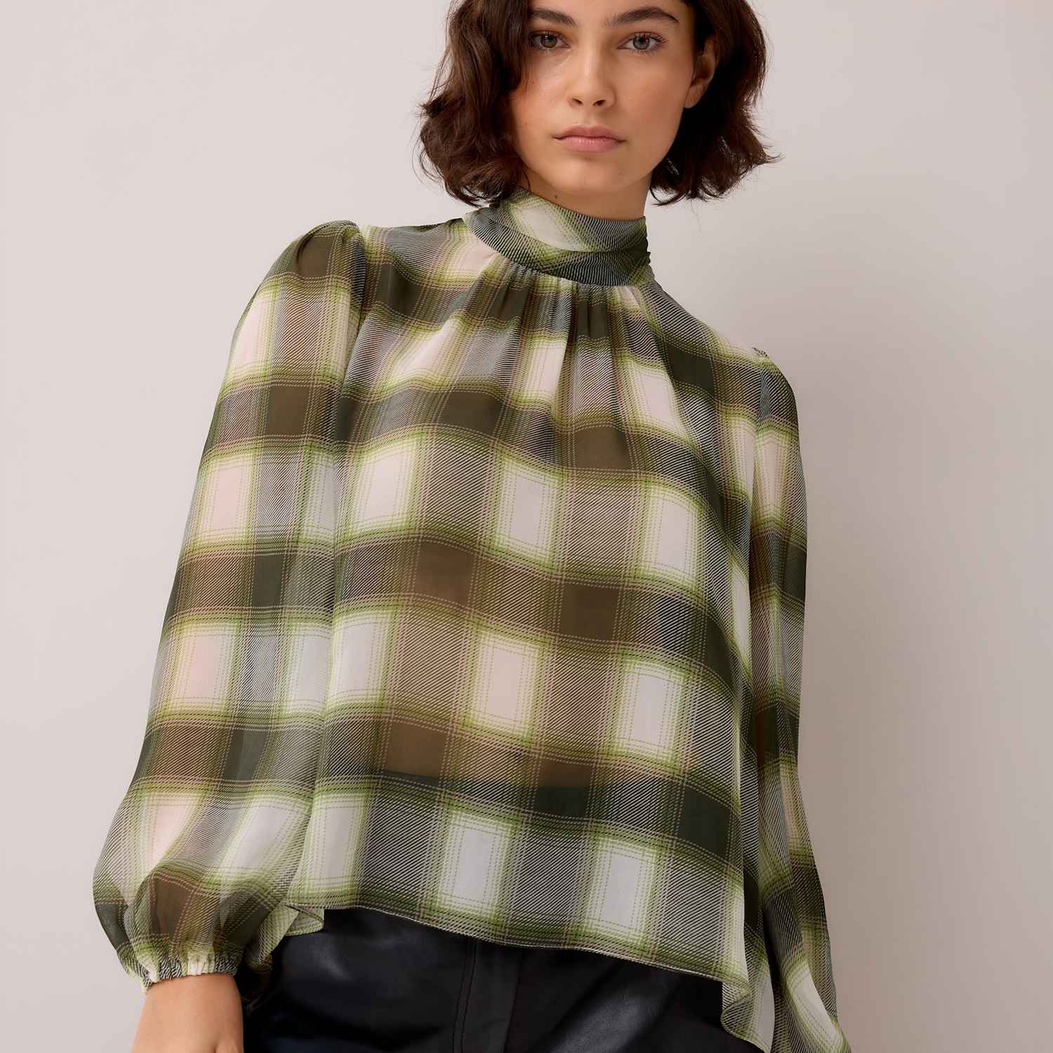 Ro&Zo Women's Tie Neck Long Sleeve Checked Blouse - 16 - Green Mix - Available at M&S