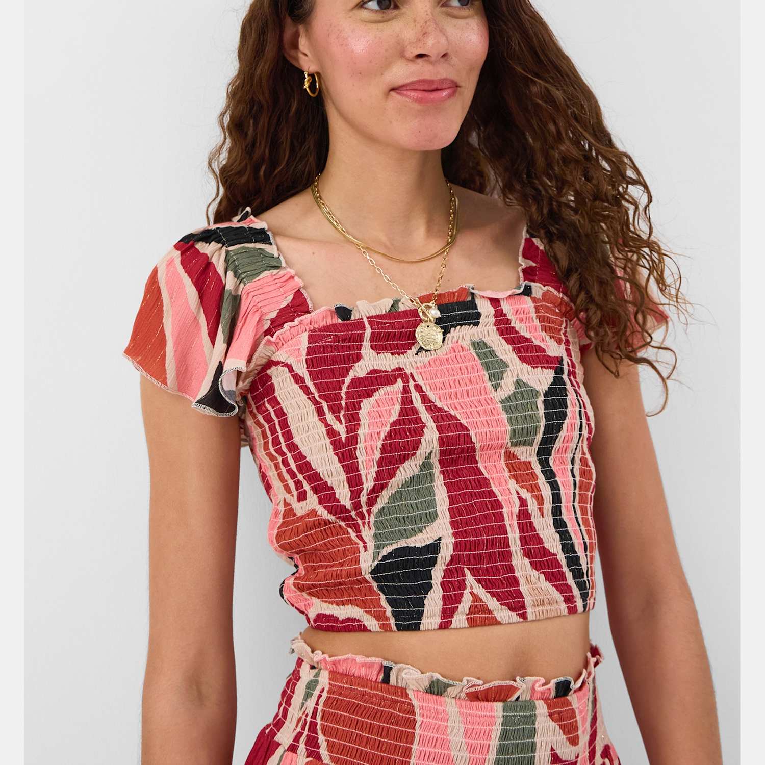Accessorize Women's Abstract Print Smocked Detail Crop Top - Extra Large - Multi - Available at M&S