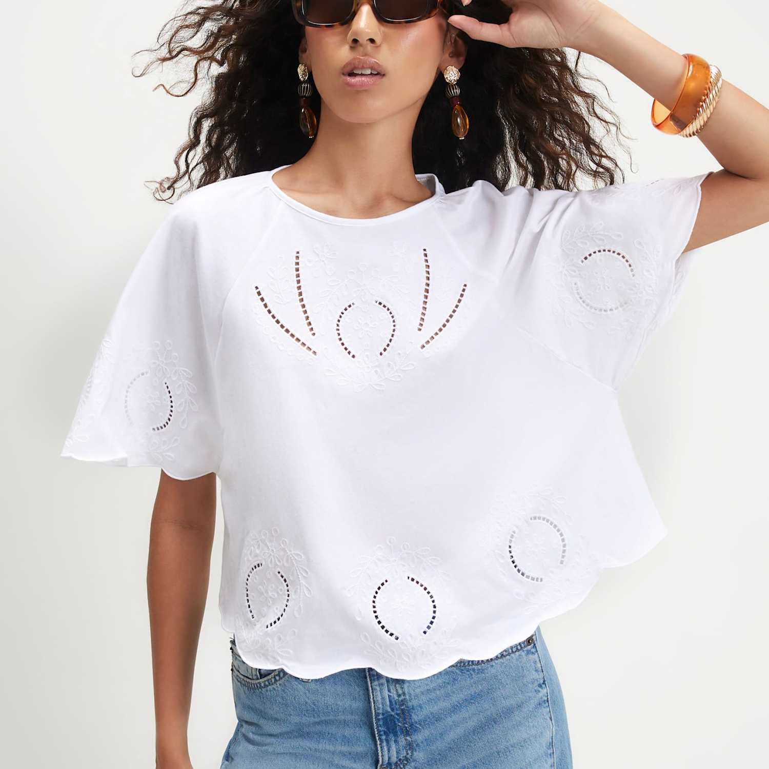 River Island Women's Embroidered Angel Sleeve T-Shirt - Small - White Mix - Available at M&S