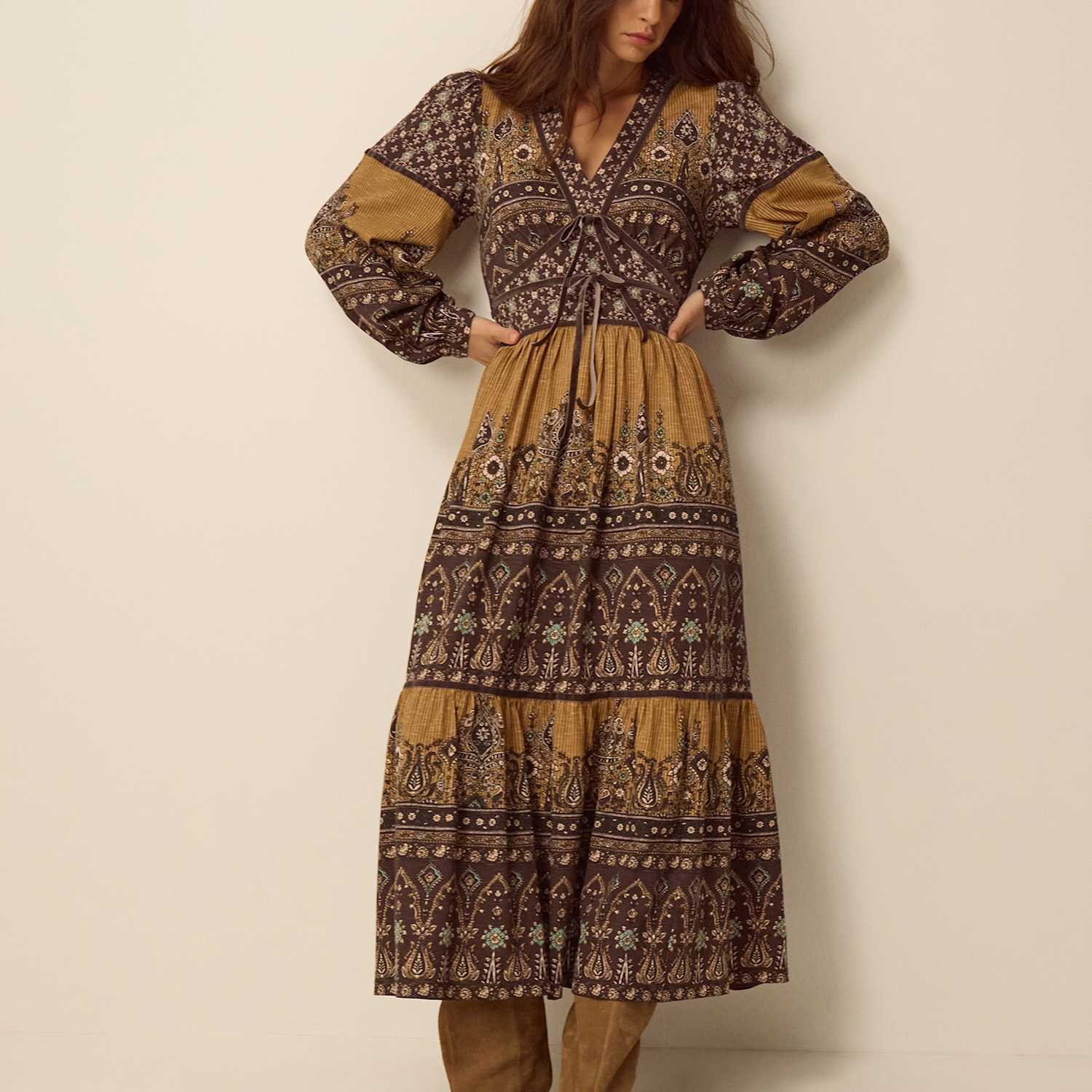 Monsoon Women's Printed Fit And Flare Cotton Midi Dress - 16 - Yellow Mix - Available at M&S