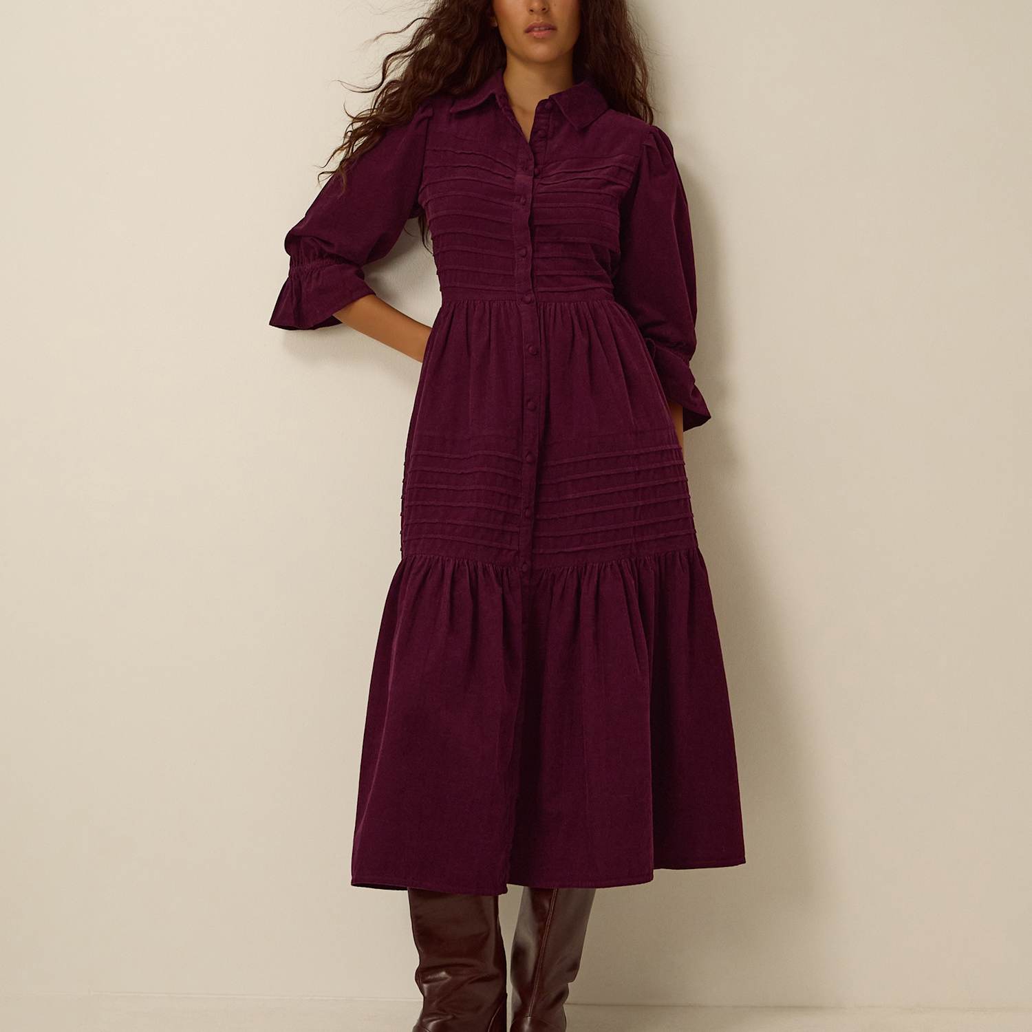 Monsoon Women's Cotton Collared 3/4 Sleeve Shirt Dress - 8 - Burgundy - Available at M&S