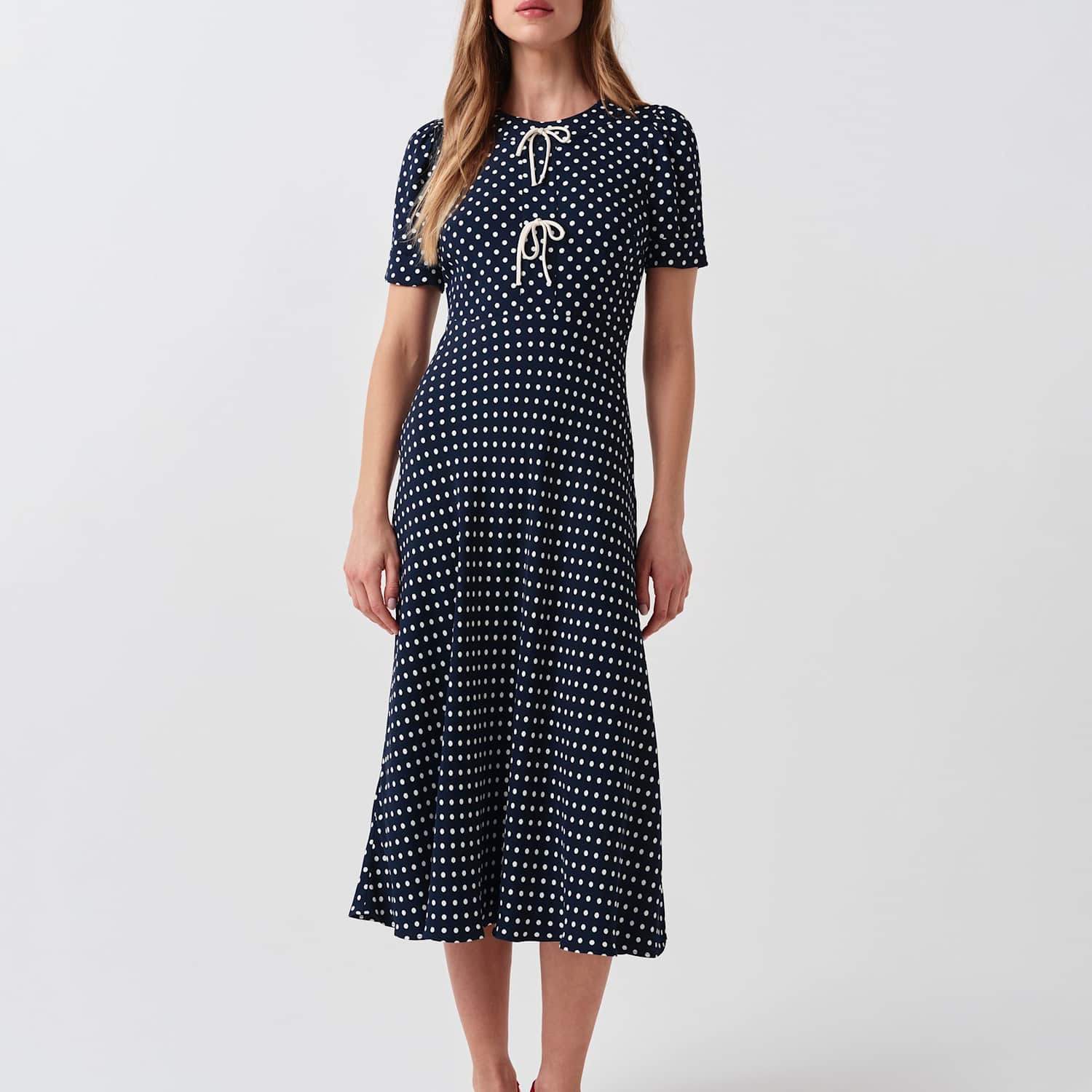 Ghost Women's Polka Dot Tie Detail Midi Tea Dress - 20 - Navy Mix - Available at M&S