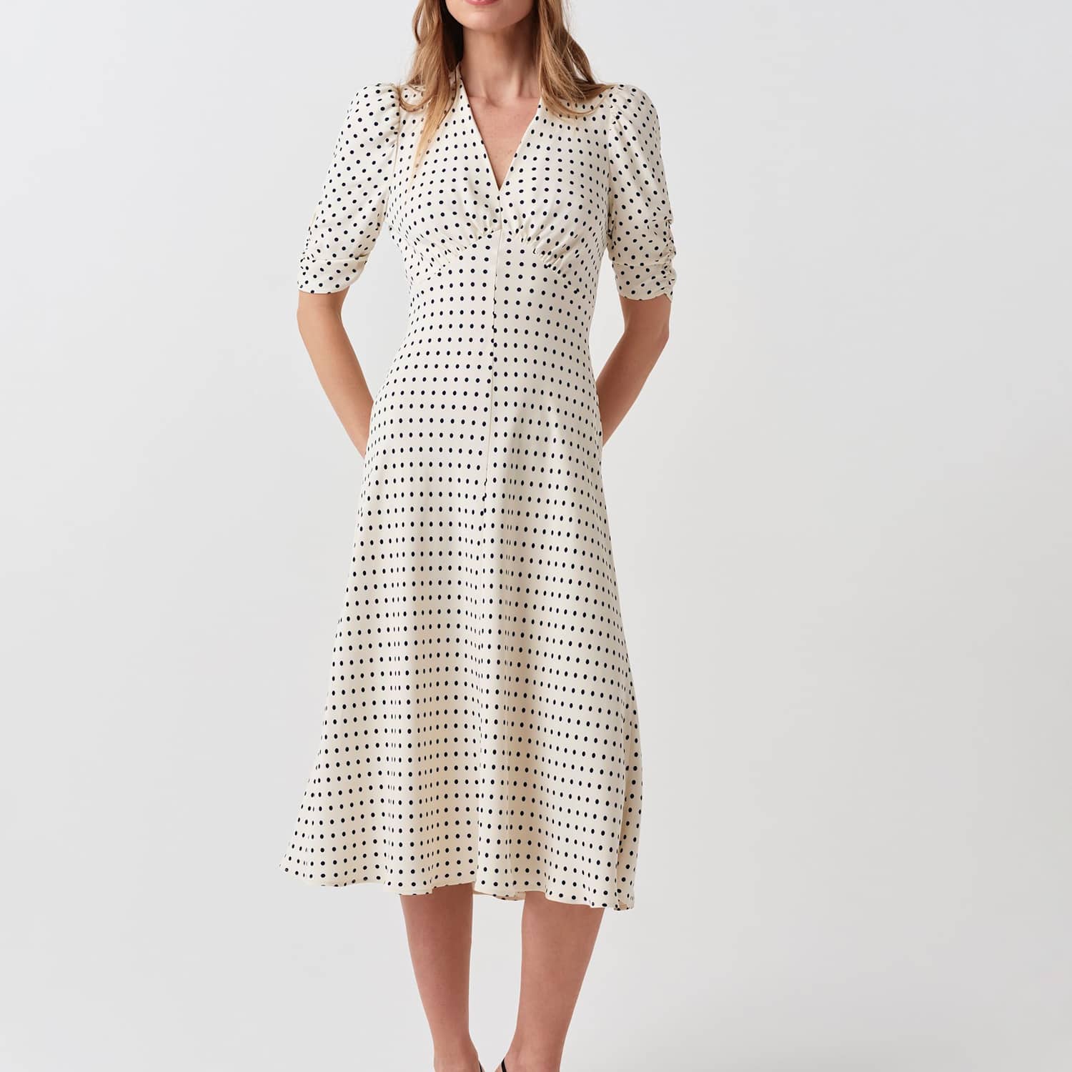 Ghost Women's Crepe Polka Dot V-Neck Midi Tea Dress - 20 - Ivory Mix - Available at M&S