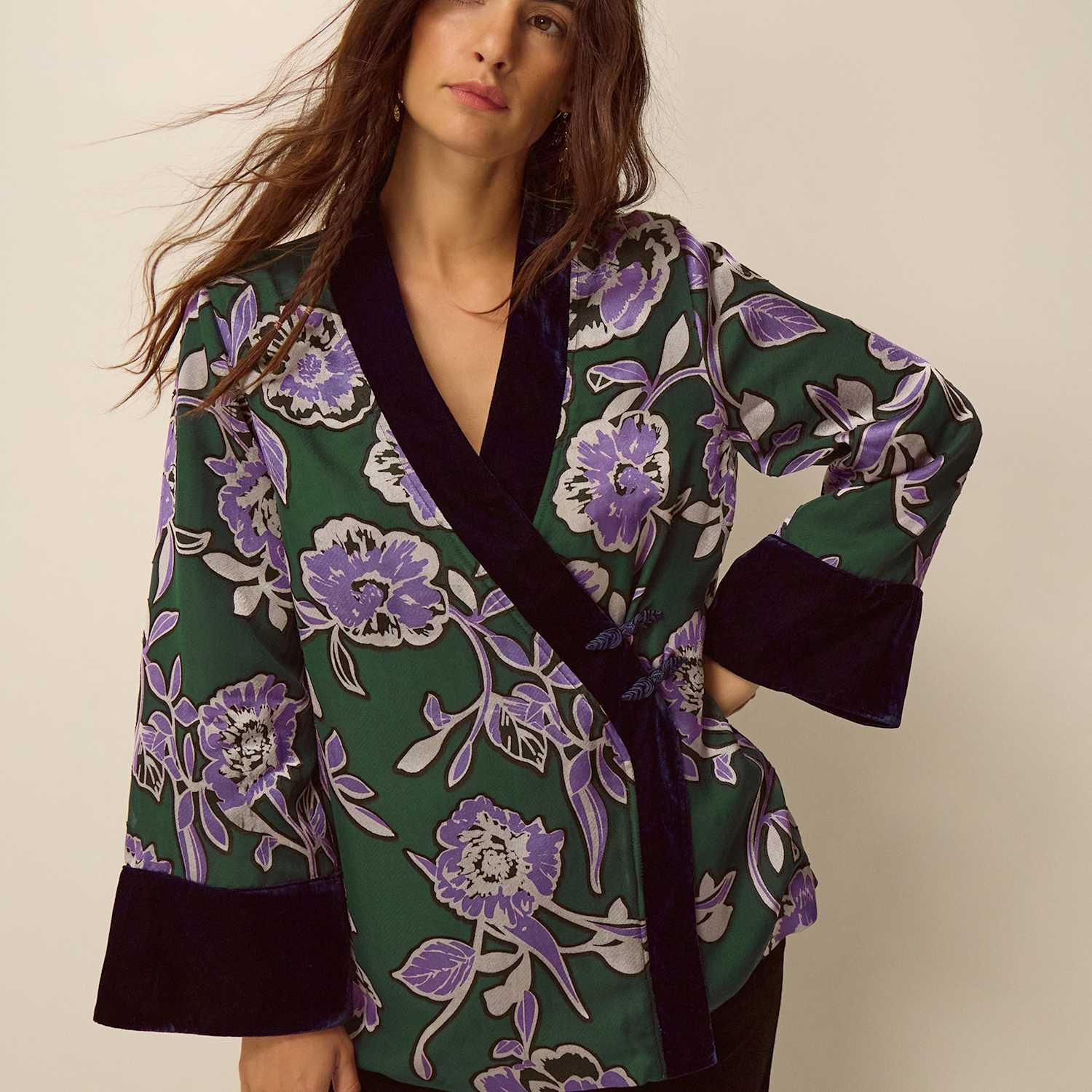 Monsoon Women's Printed Tie Front Kimono Jacket - 12 - Green Mix - Available at M&S
