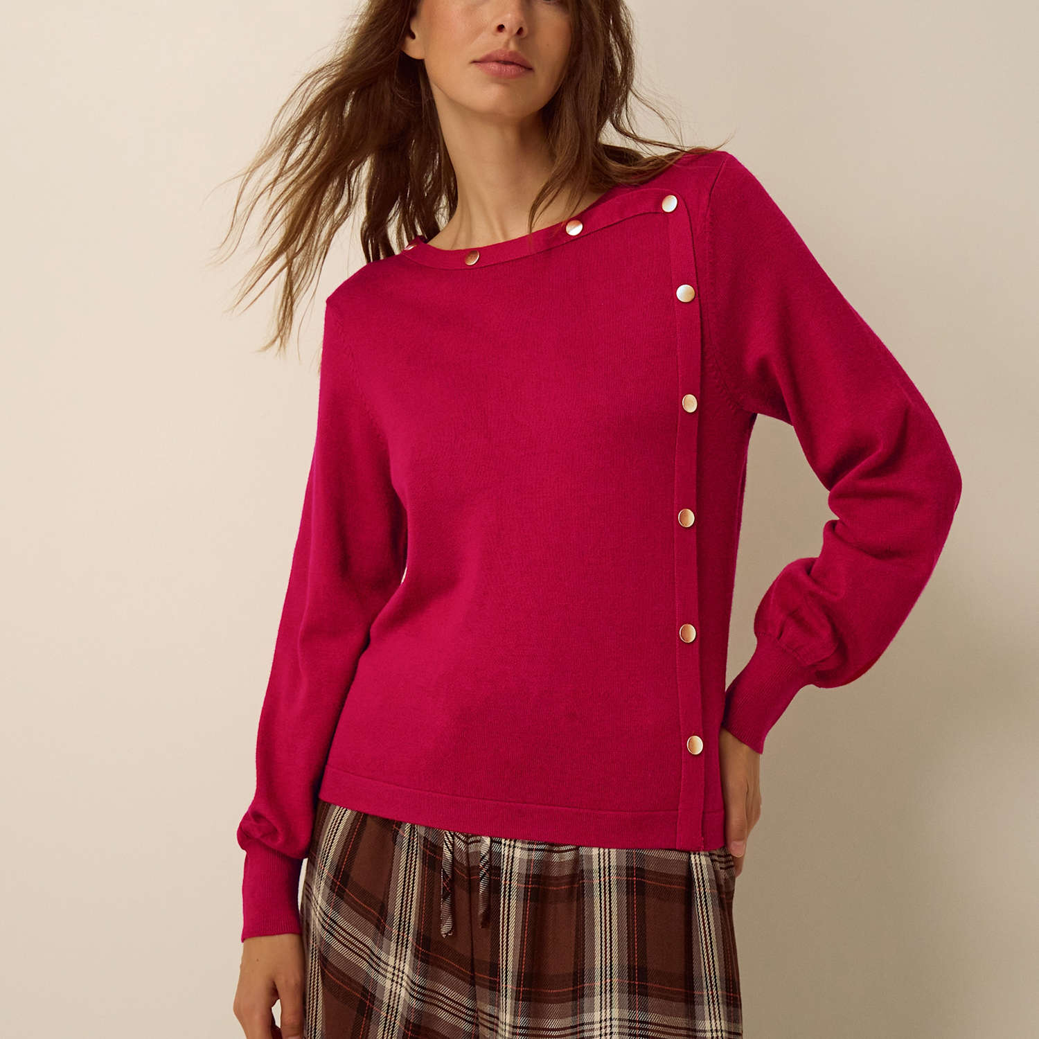 Monsoon Women's Round Neck Button Detail Jumper - Medium - Red - Available at M&S