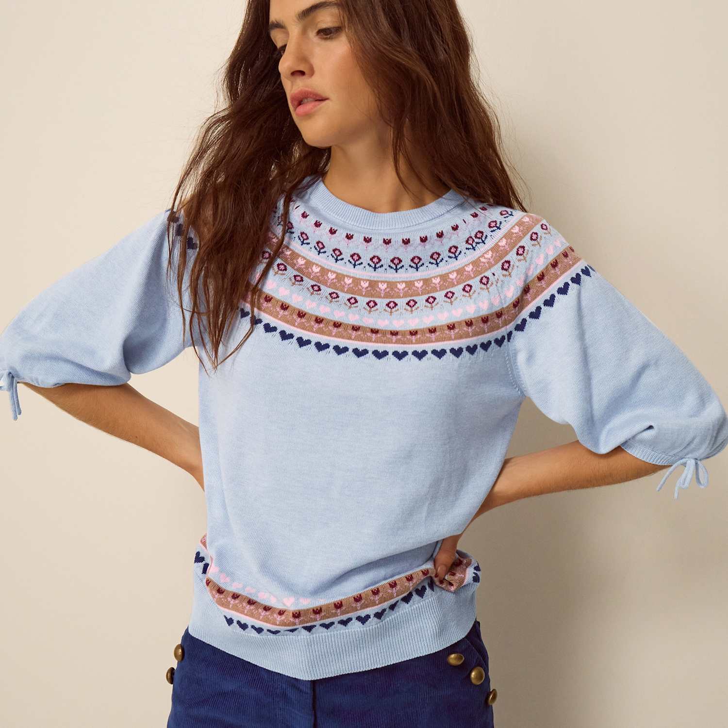 Monsoon Women's Fairisle Short Sleeve Jumper With Wool - Medium - Blue Mix - Available at M&S