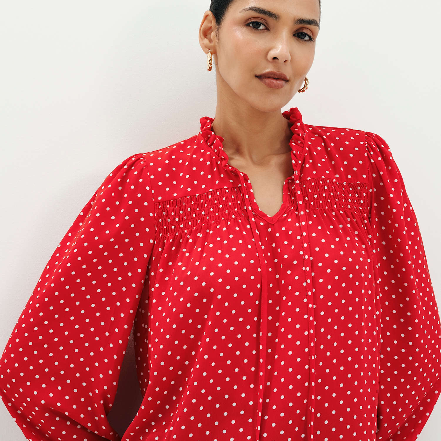 Finery London Women's Polka Dot Shirred Tie Neck Blouse - 12 - Red Mix - Available at M&S