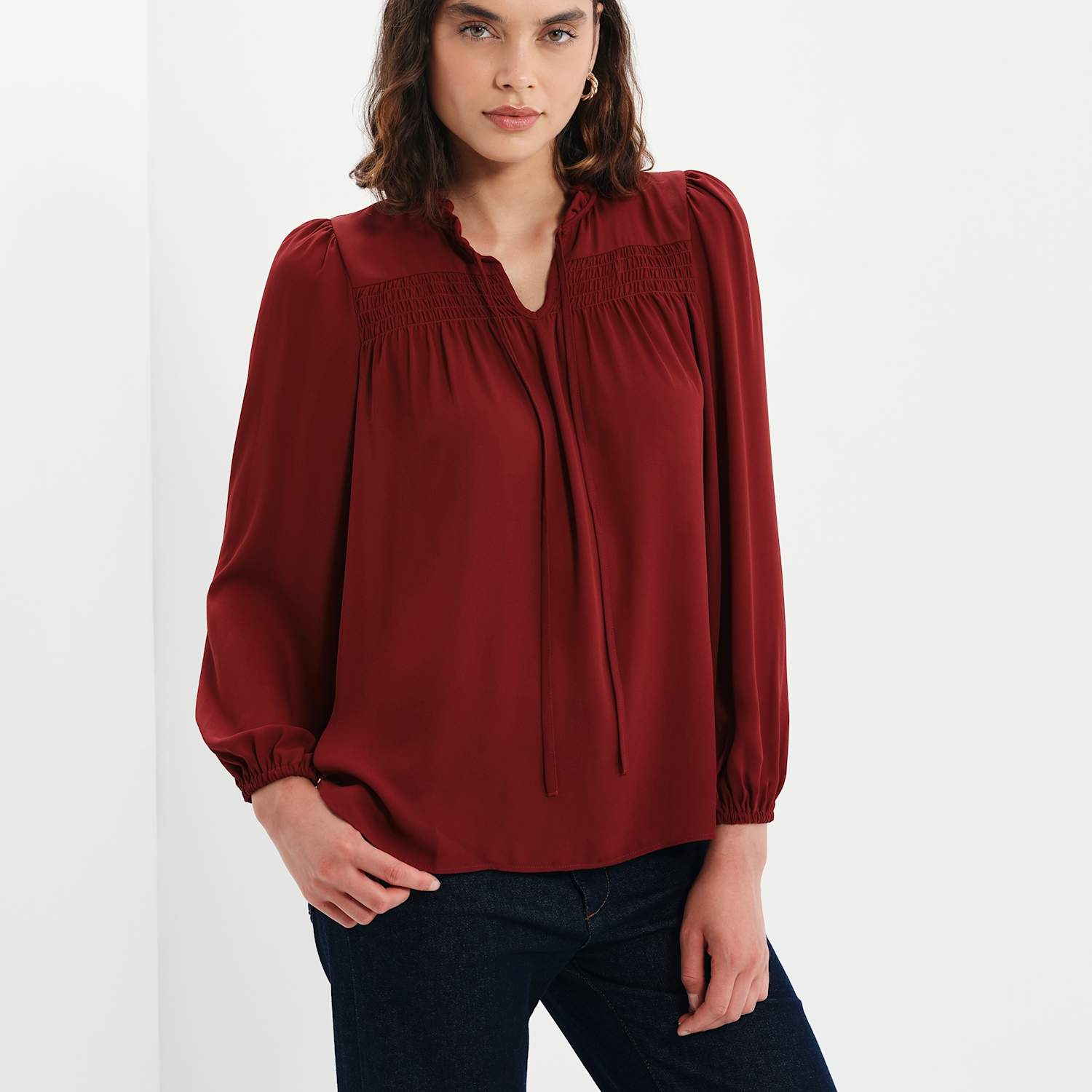 Finery London Women's Shirred Tie Neck Blouse - 12 - Burgundy - Available at M&S
