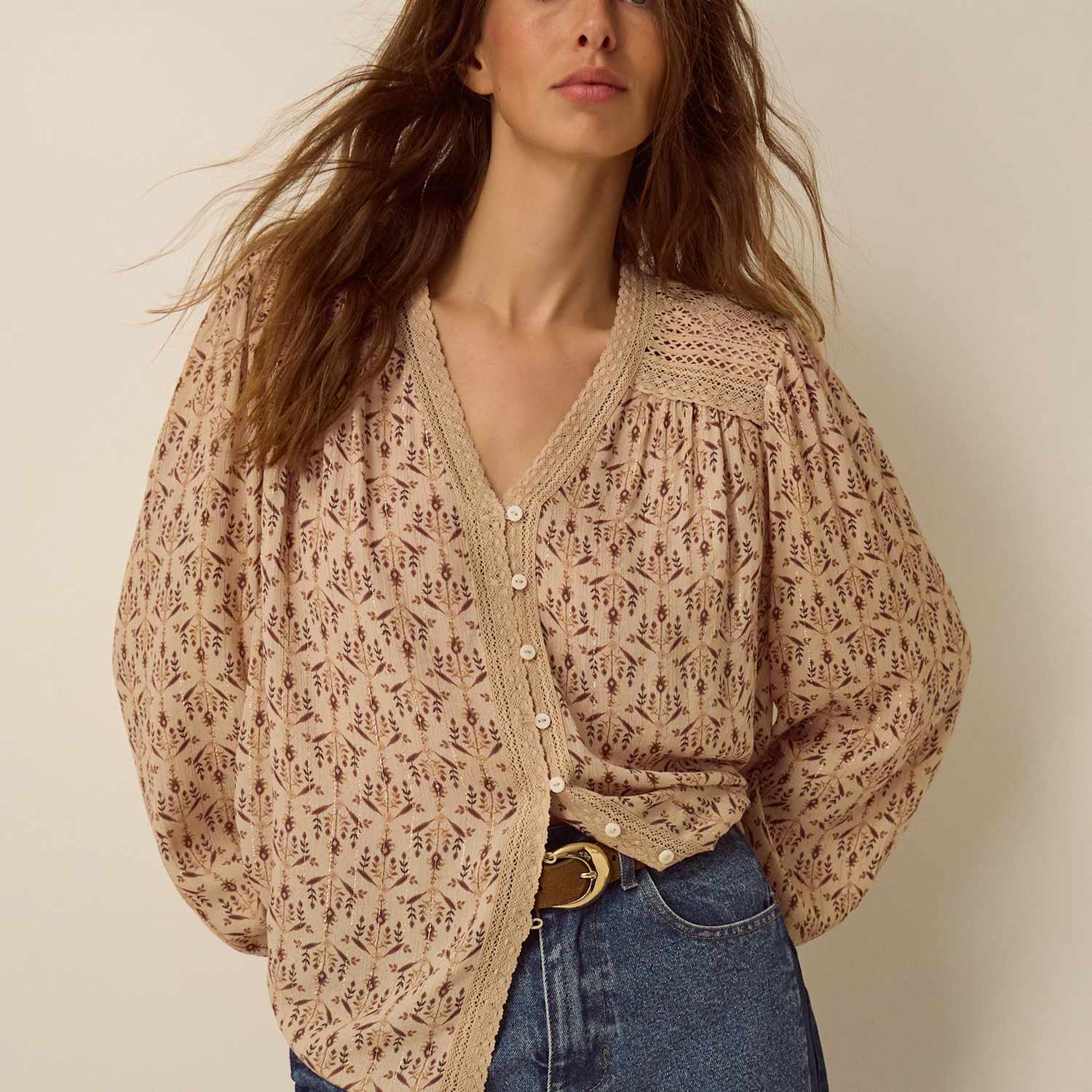 Monsoon Women's Printed Button Front V Neck Shirt - Small - Ivory Mix - Available at M&S