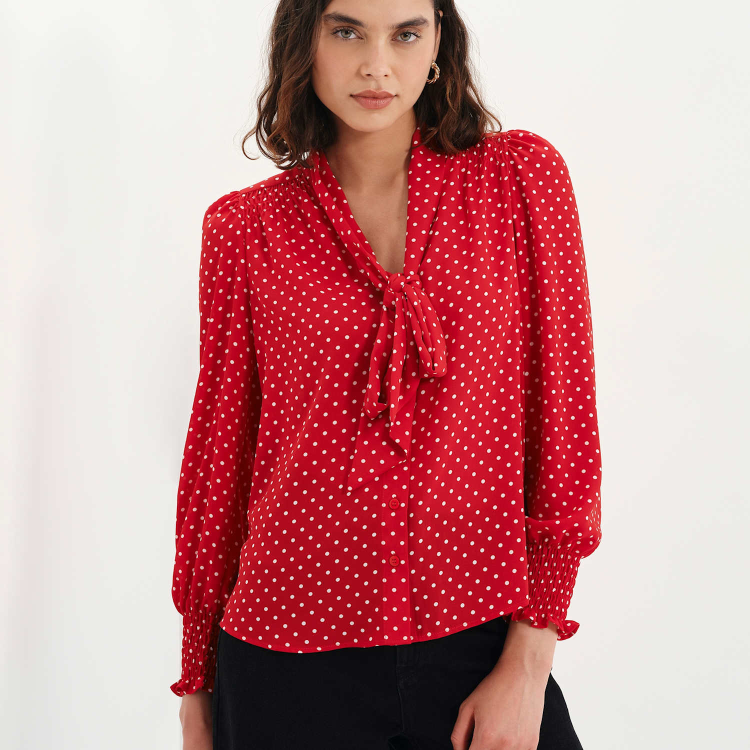 Finery London Women's Polka Dot Tie Neck Button Through Blouse - 20 - Red Mix - Available at M&S