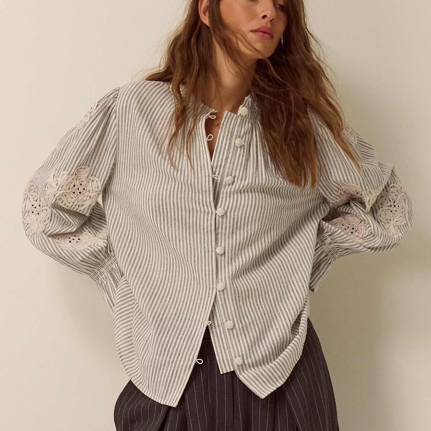 Monsoon Women's Cotton Rich Striped High Neck Shirt with Linen - Small - Ivory Mix - Available at M&S