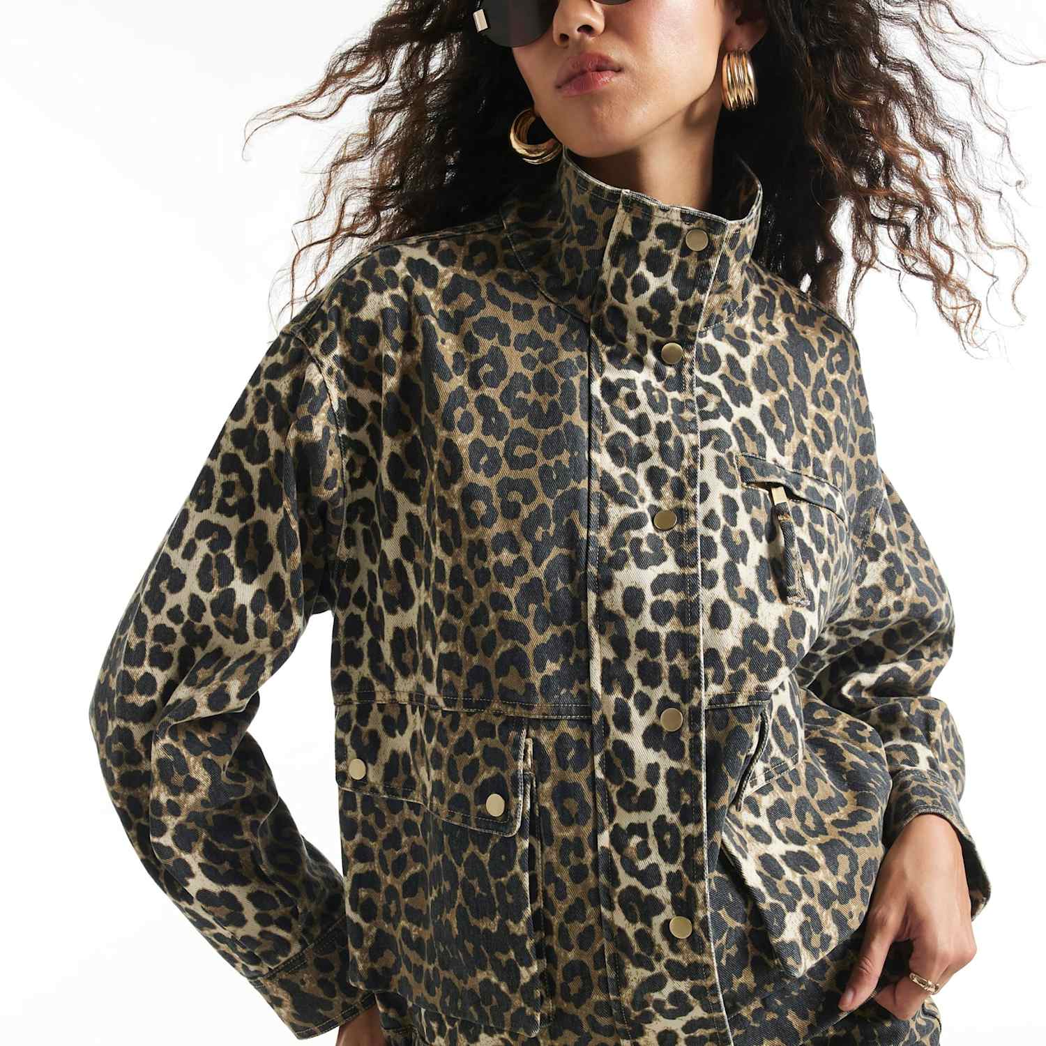 River Island Women's Denim Leopard Print Funnel Neck Jacket - Large - Brown Mix - Available at M&S