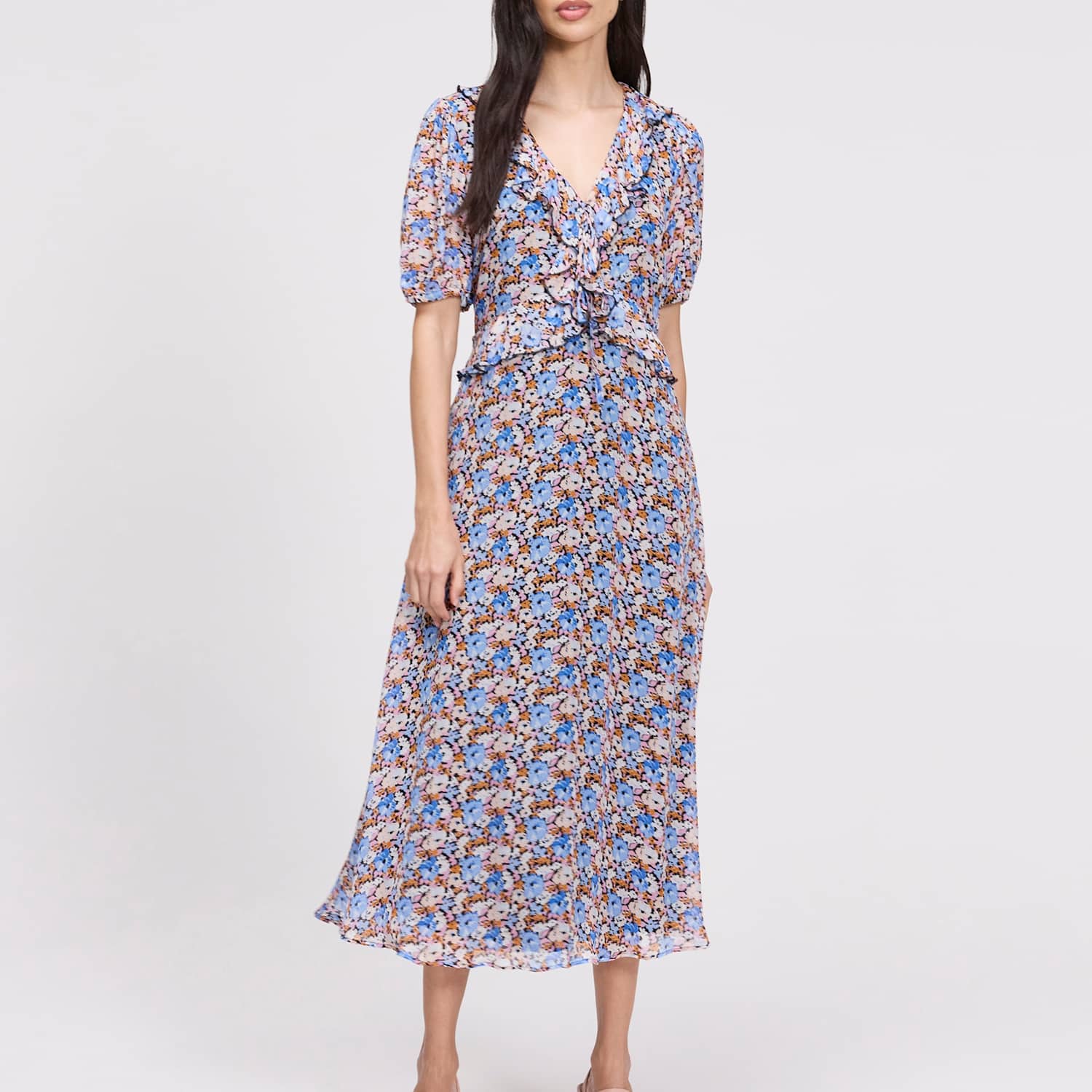 Finery London Women's Floral Chiffon Ruffle Midi Skater Dress - 18 - Blue Mix - Available at M&S