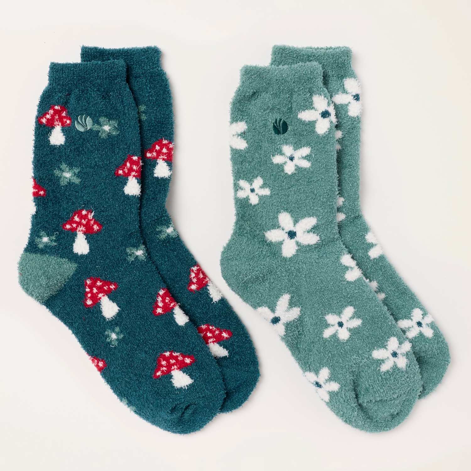 Fatface Women's 2 Pack Toadstool Floral Fluffy Socks - Teal Mix - Available at M&S