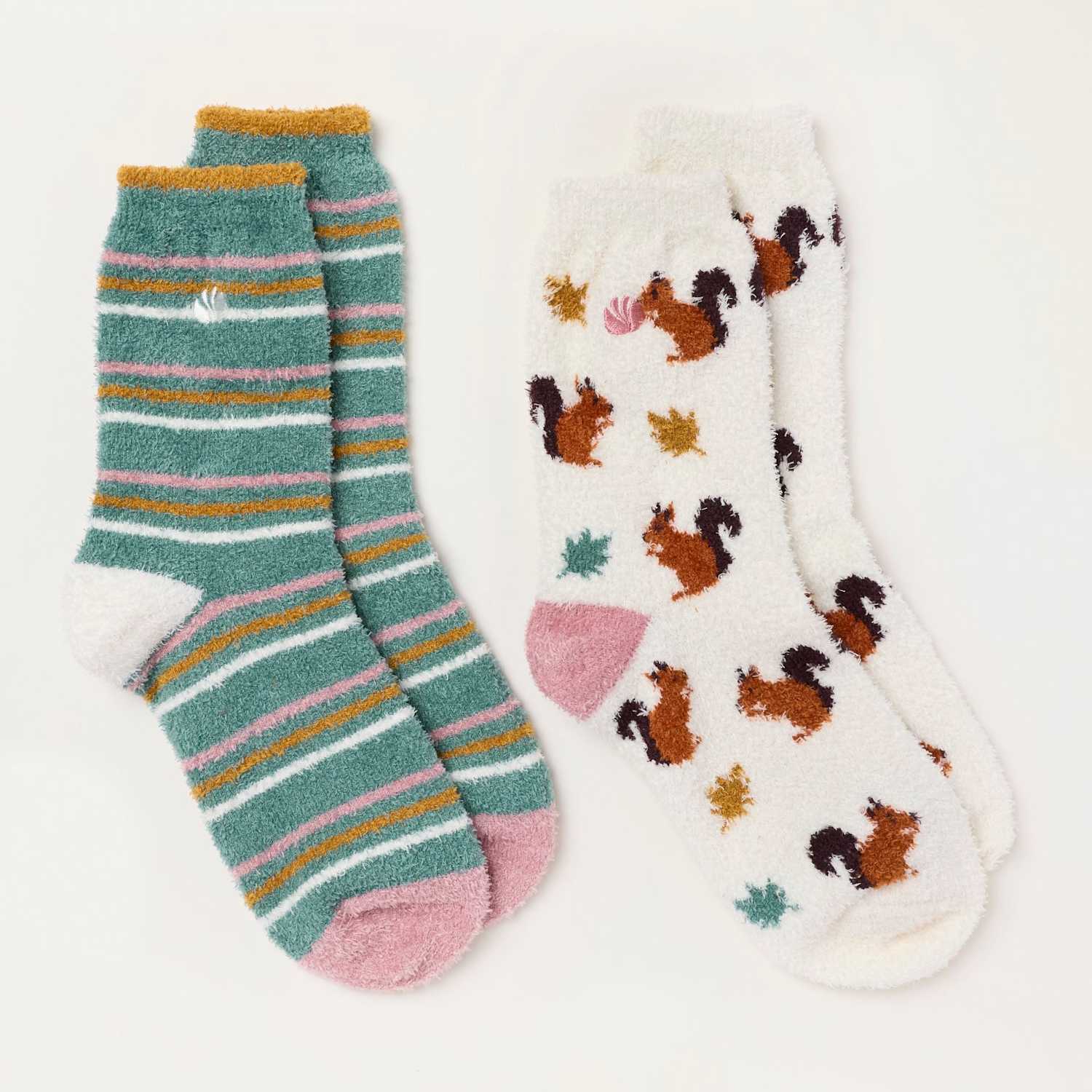 Fatface Women's 2 Pack Squirrel Striped Fluffy Socks - Ivory Mix - Available at M&S