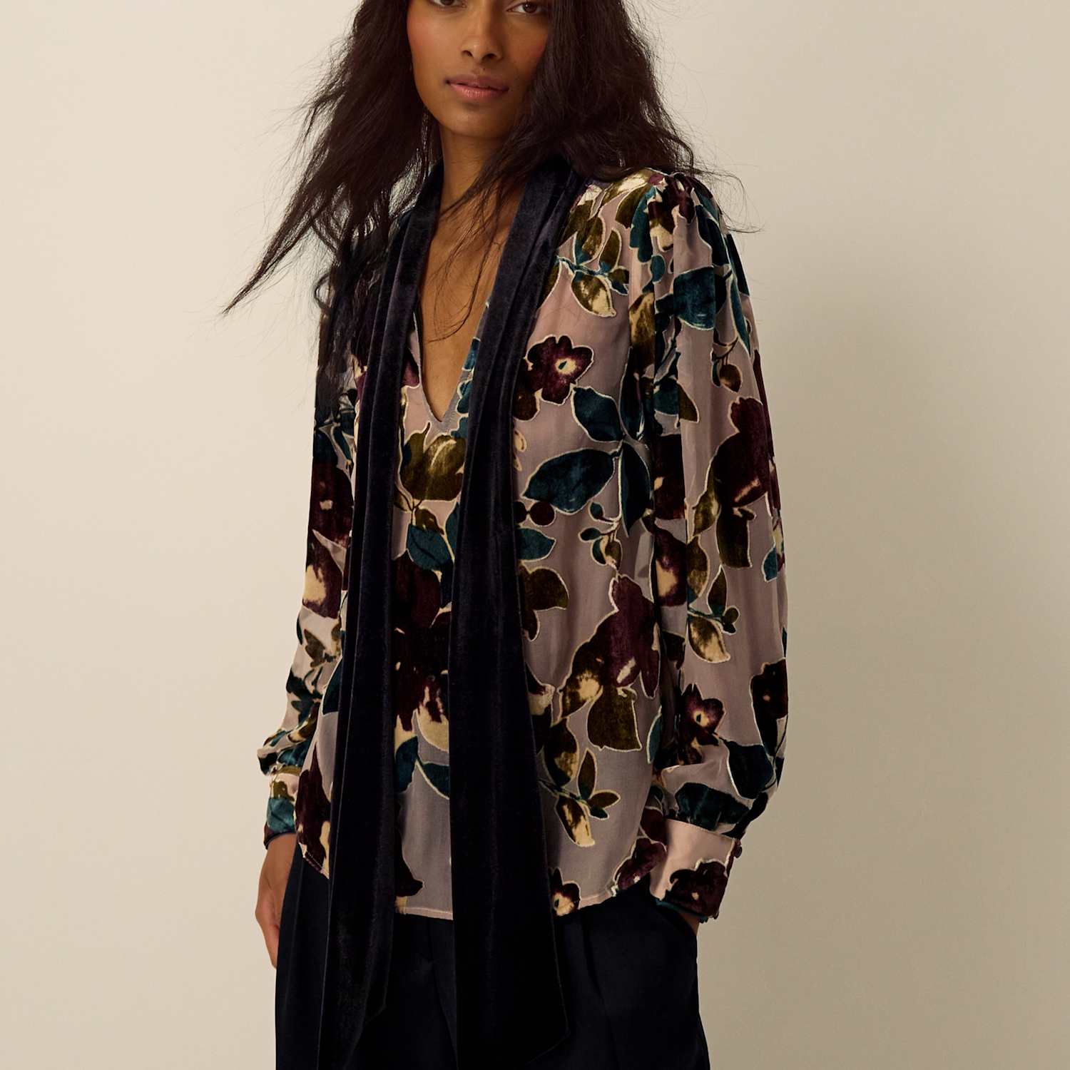 Monsoon Women's Floral Devore V Neck Top - 8 - Beige Mix - Available at M&S